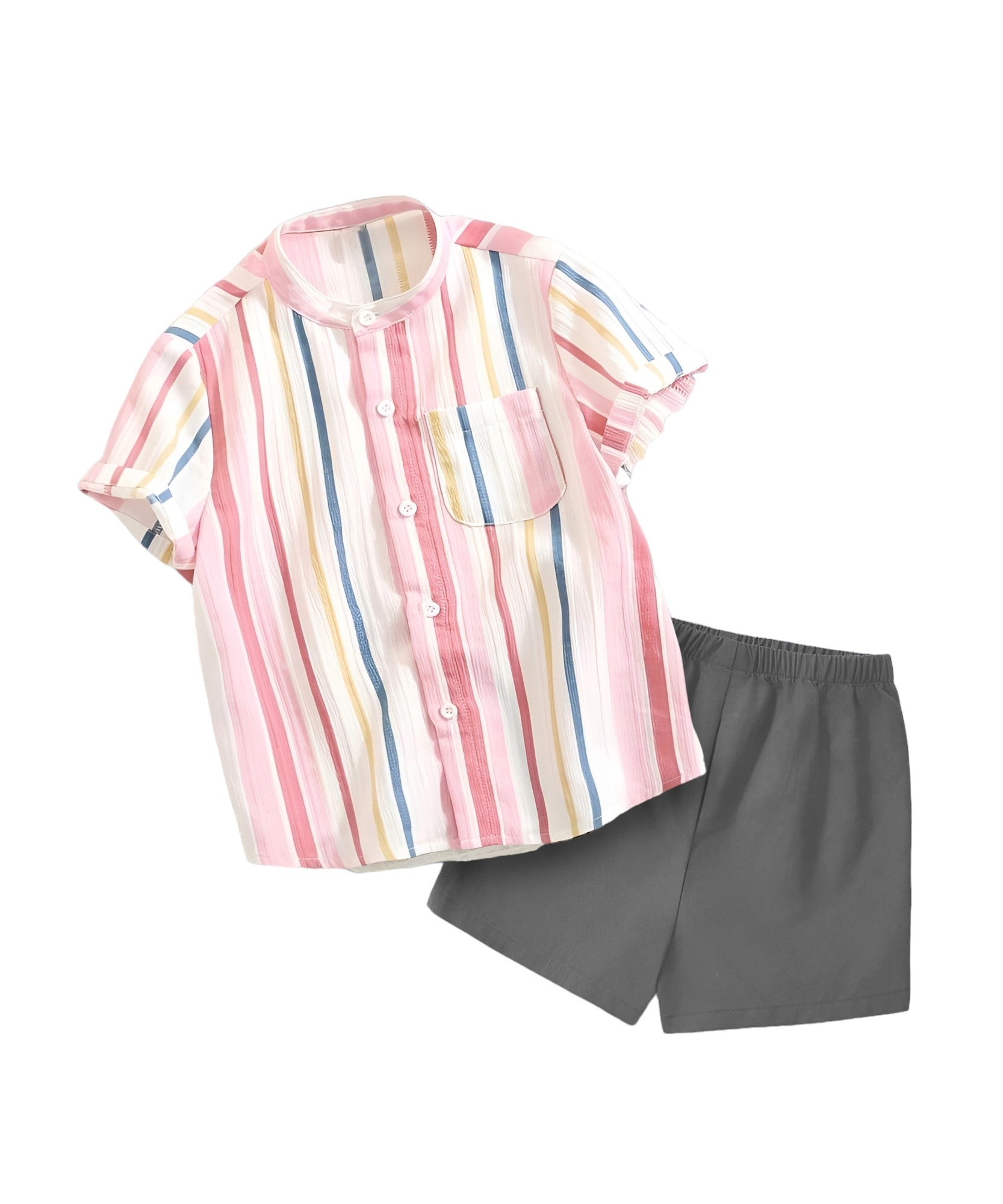 Shinydots Kids Boys Colorful Striped Short Sleeve Shirt With Grey Cotton Short Clothing Set
