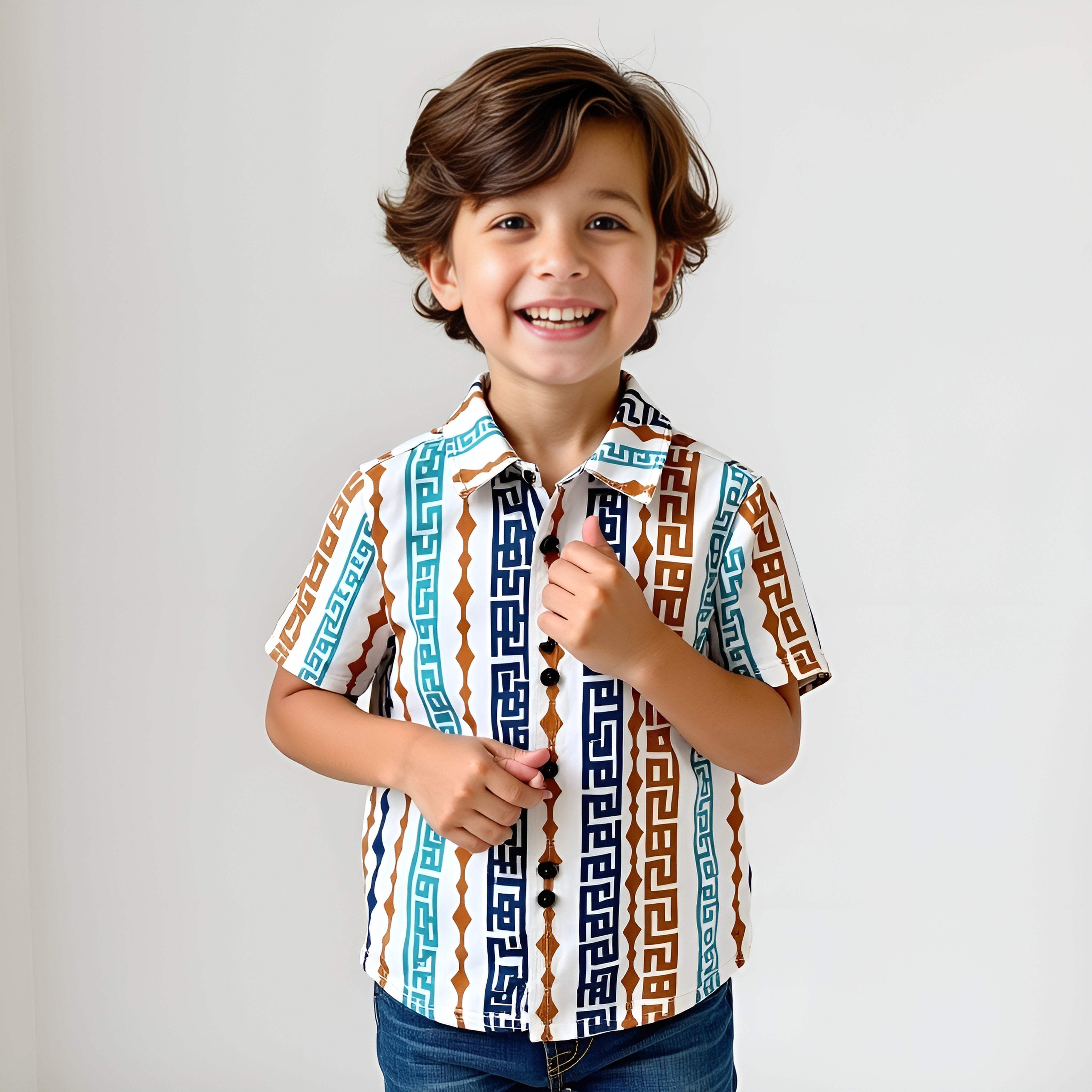 Trendy Geometric Striped Print Boys' Short Sleeve Shirt – Vibrant Blue & Orange