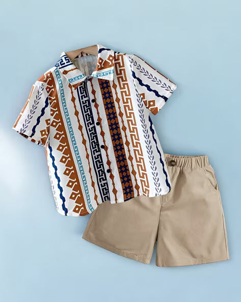 Boy Brown Chain Geomatric Striped Short Sleeve Shirt & Shorts Two Piece Clothing Set