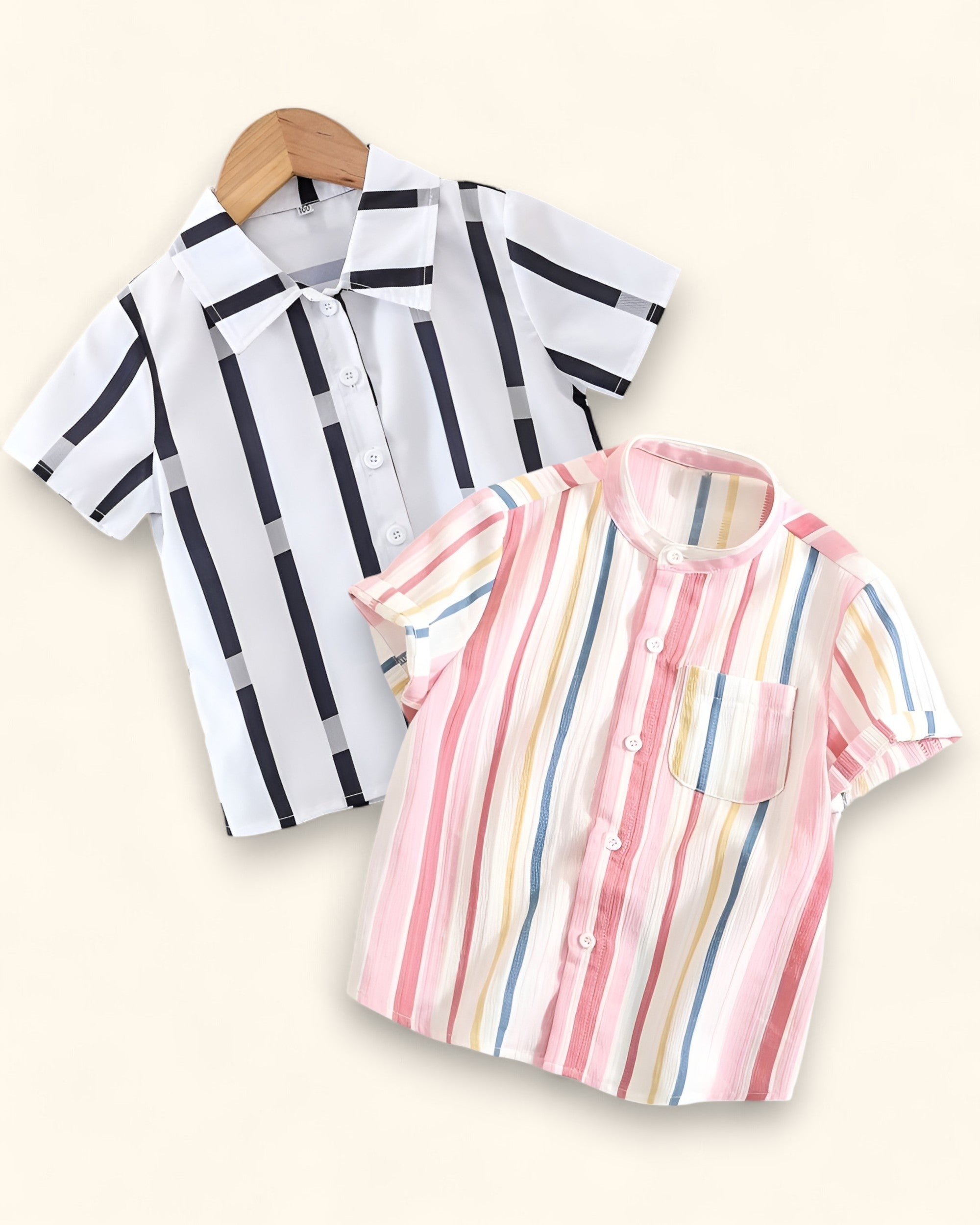 Black & Multicolor Striped Shirt For Baby Boy Short Sleeve Button Down Shirt Pack Of 2 For Outings and Summer