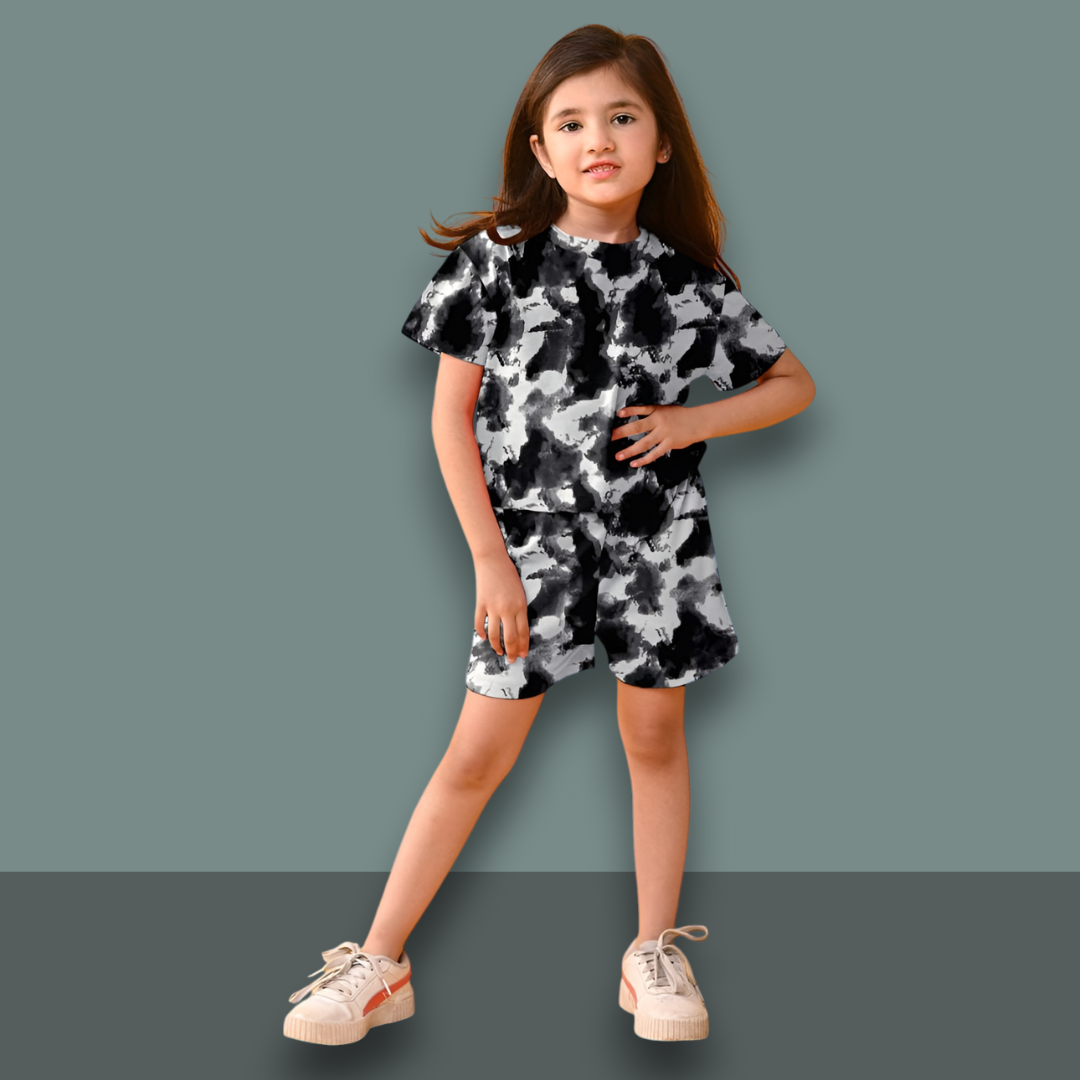Girls' Tie-Dye Cotton Co-Ord Set - Black & White
