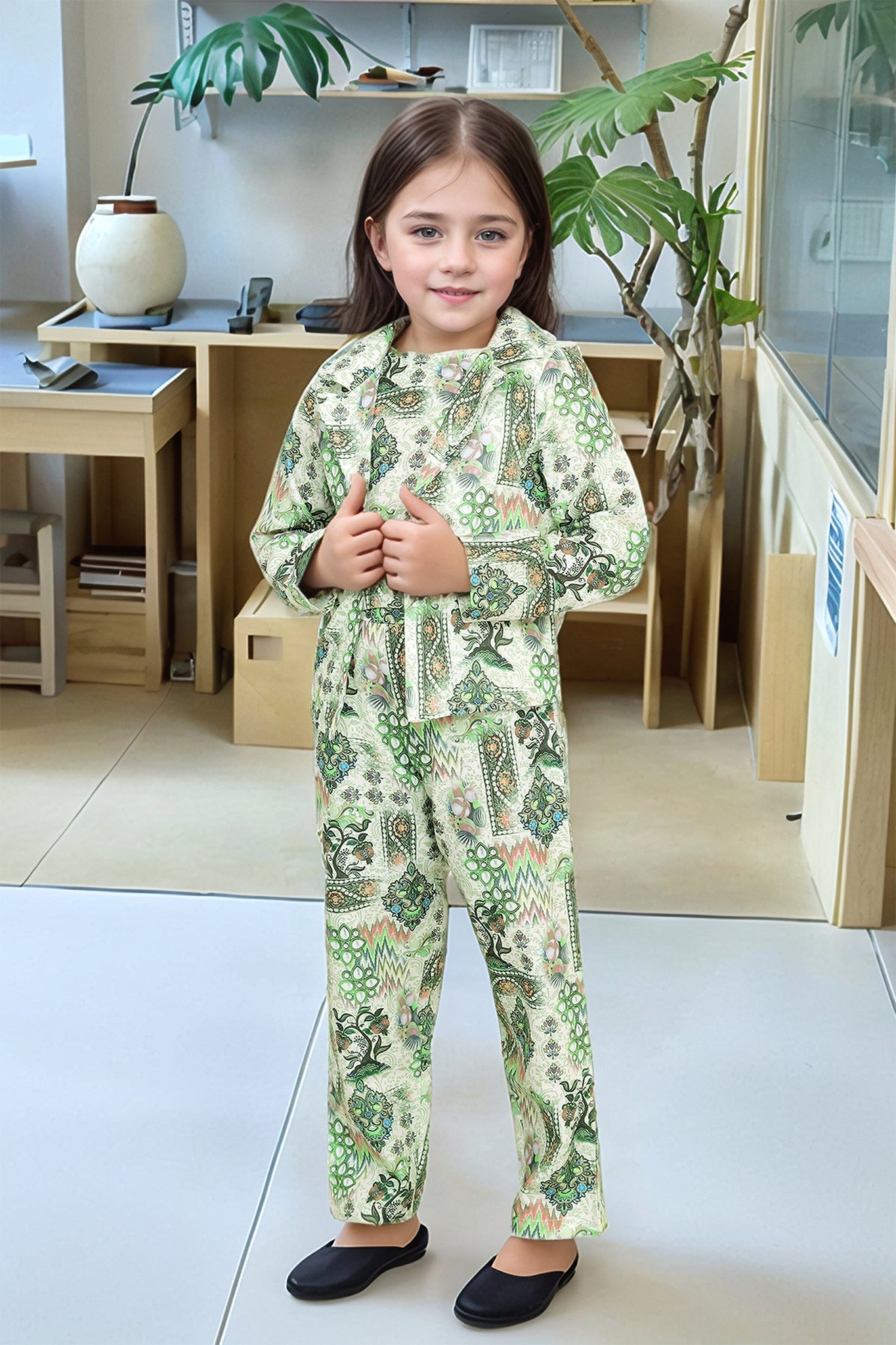 Girls' Elegant Green Printed 3-Piece Co-Ord Set – Jacket, Crop Top & Pants