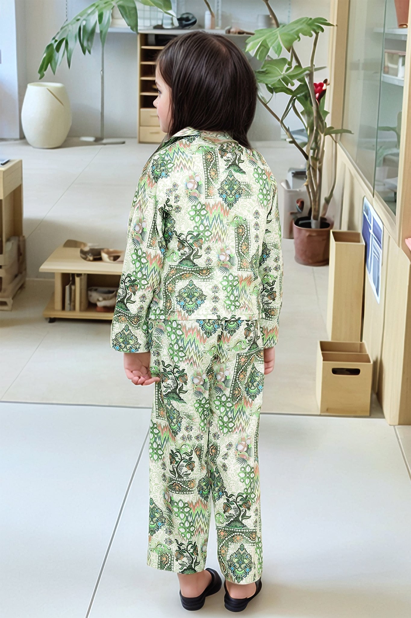 Girls' Elegant Green Printed 3-Piece Co-Ord Set – Jacket, Crop Top & Pants