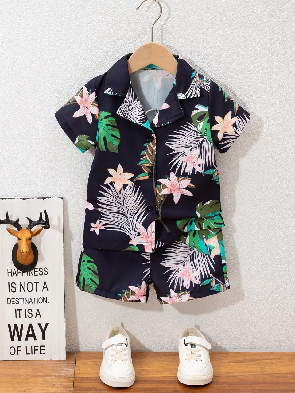 Baby Boys Black Tropical Leaf & Floral Co-ord Set – Summer Shirt & Shorts Trendy Outfit By Shinydots