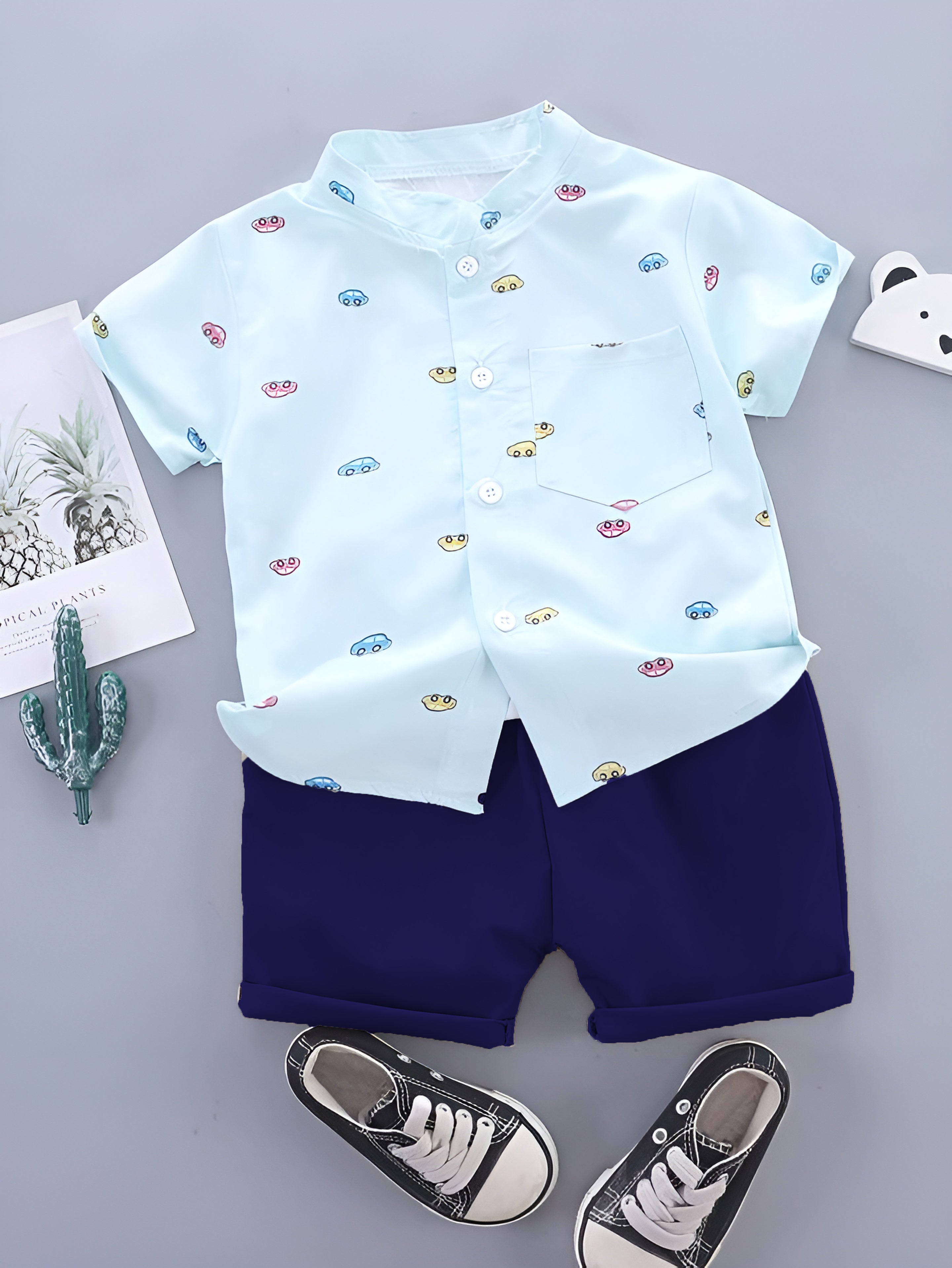 Shinydots Baby Boy Skyblue Car Print Short Sleeve Shirt & Shorts Two Piece Set