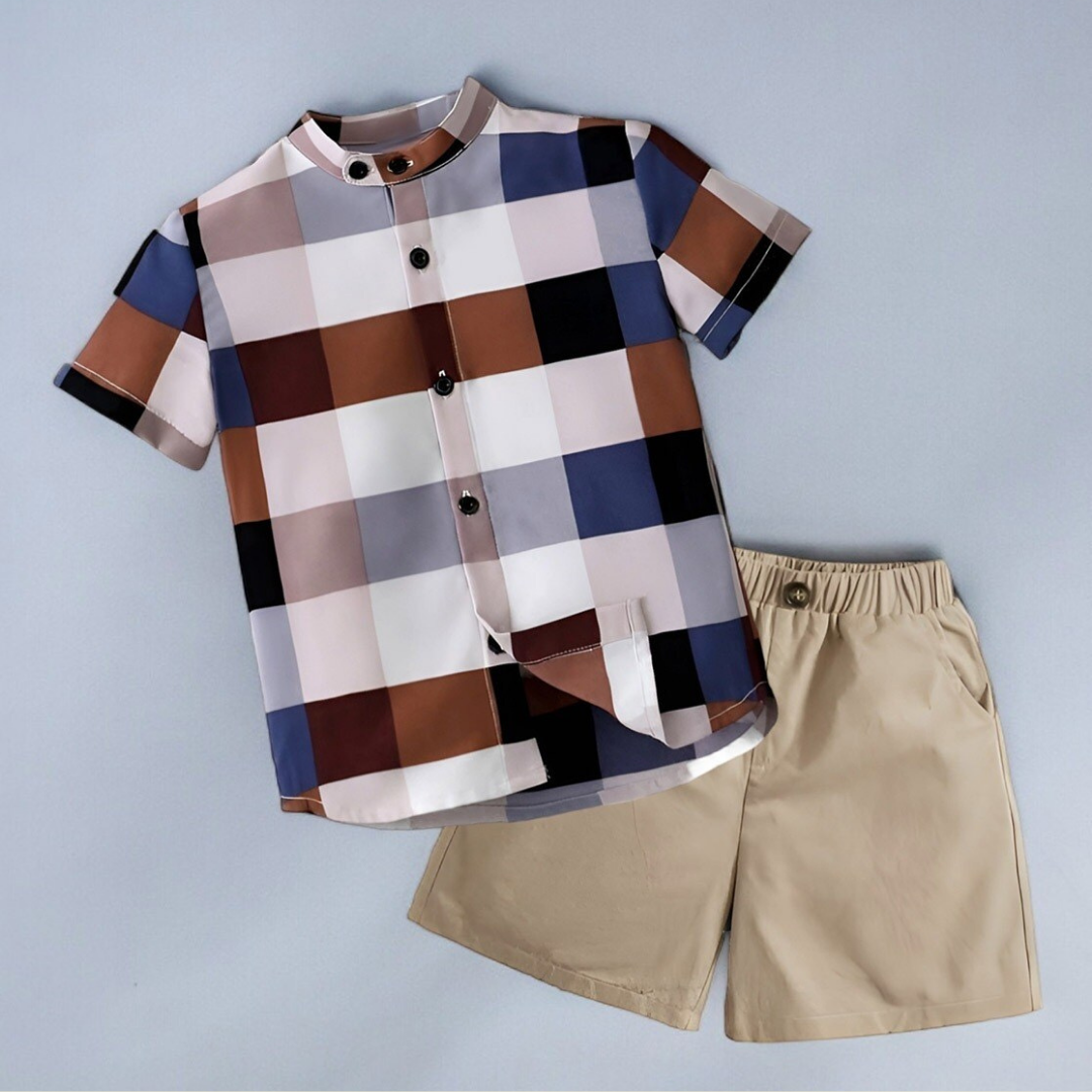SHINYDOTS Baby Boy Plaid Checked Printed Short Sleeve Shirt & Shorts Two Piece Set