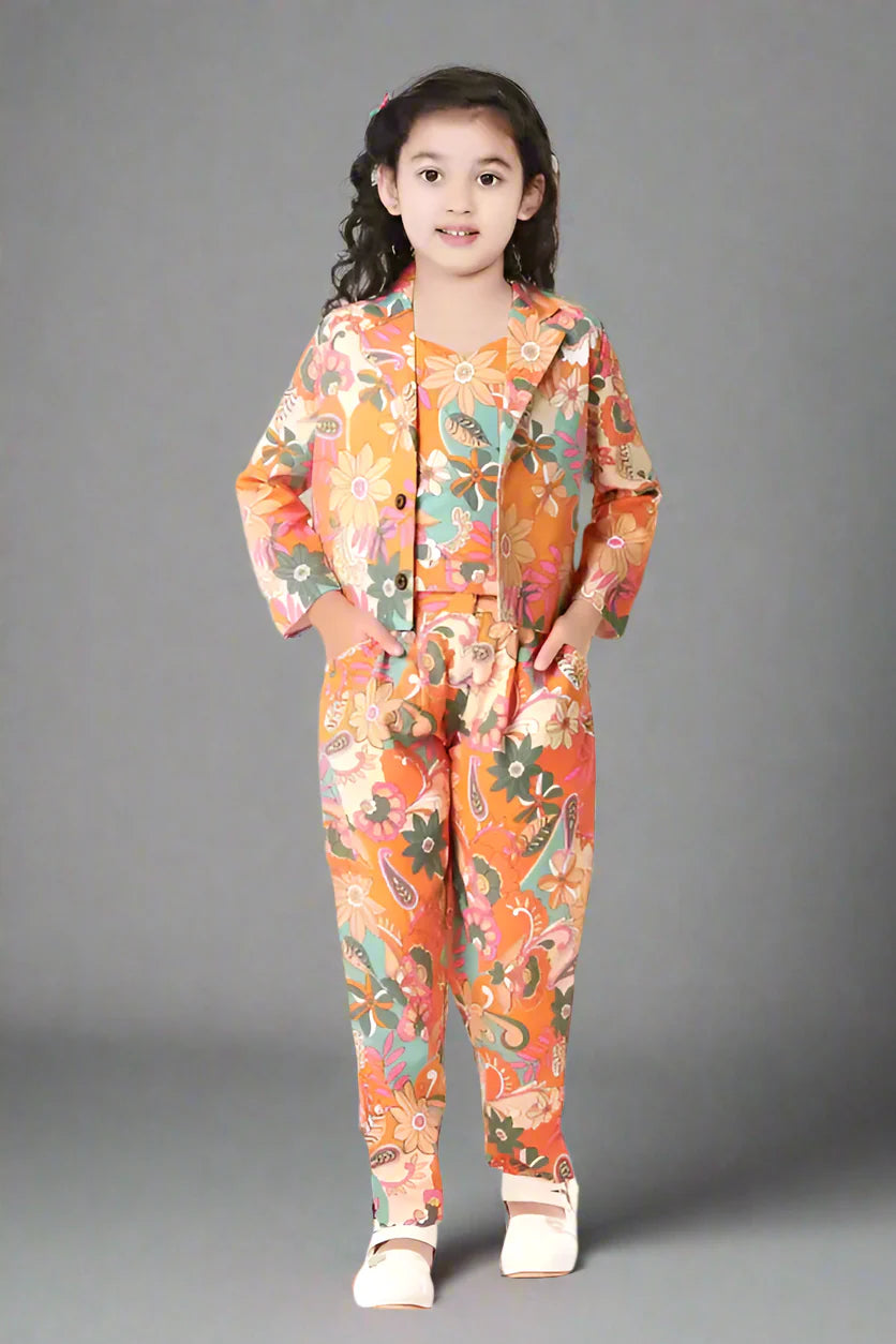 Stylish Floral Printed 3-Piece Girl Orange Clothing Set (Jacket, Tunic, and Trousers)