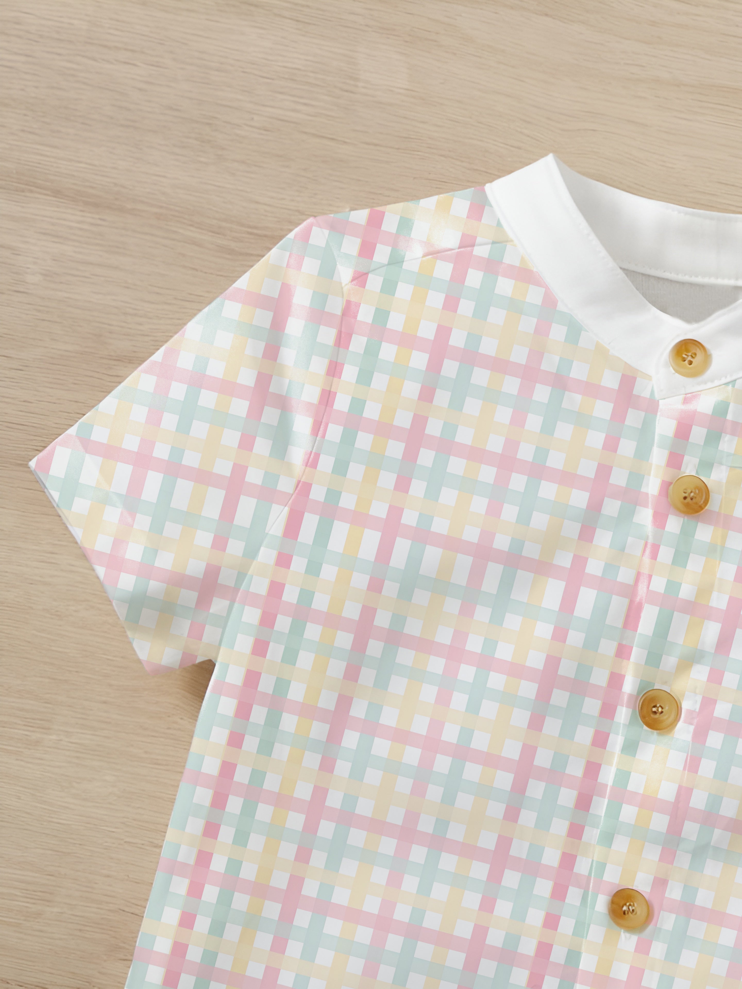 Shinydots Baby Boy Pastel Checkered Mandarin Collar Short-Sleeve Shirt-Only Shirt