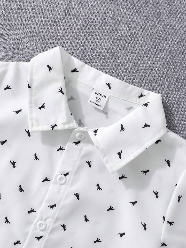 White Kids' Short-Sleeve Printed Shirt with Black Dino Patterns - Stylish & Comfortable