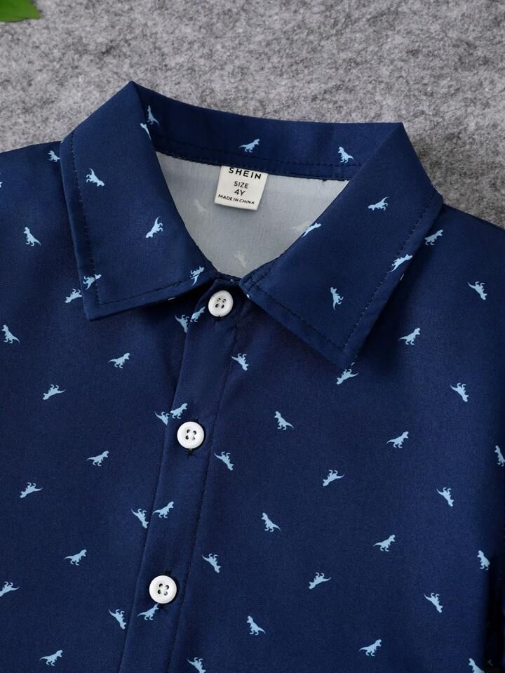 Navy Blue Dianosaur & Black Striped Short Sleeeve Boys Shirt Regular Wear Collection By Shinydots