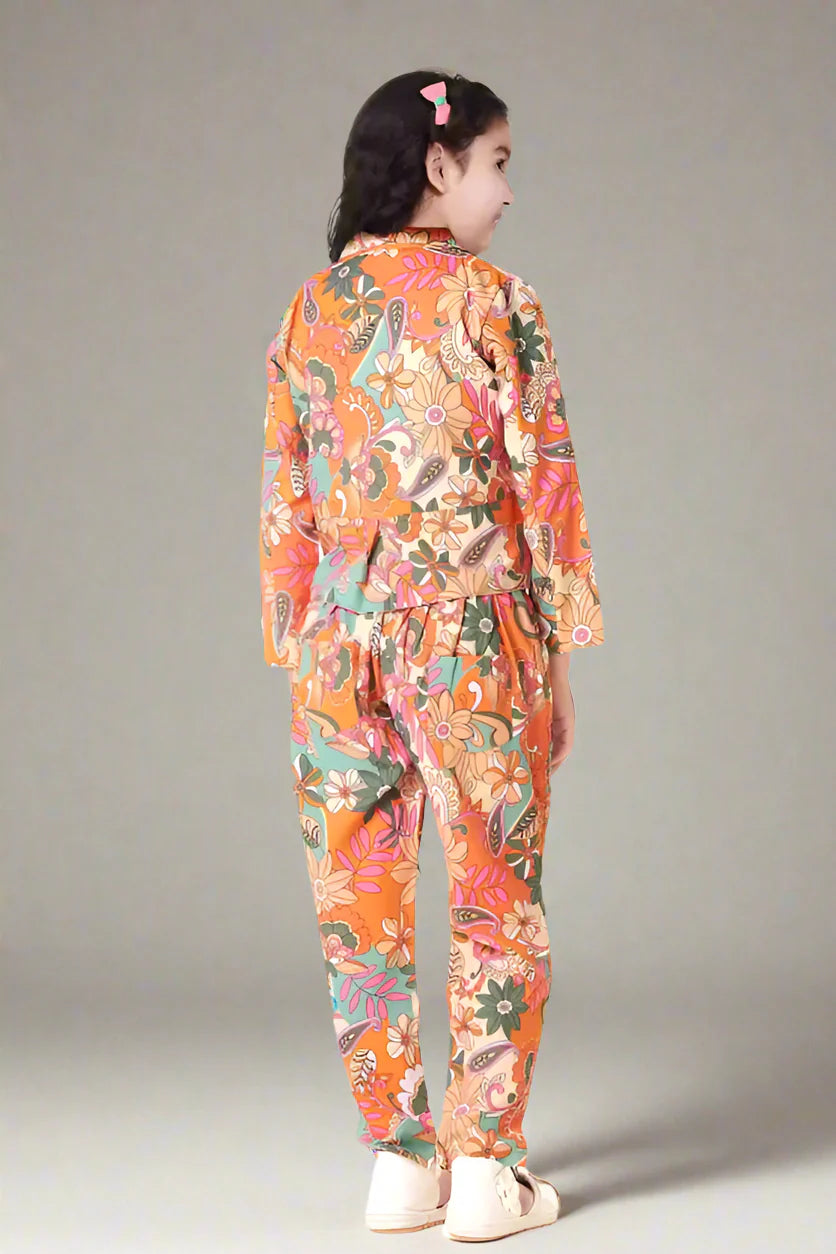 Stylish Floral Printed 3-Piece Girl Orange Clothing Set (Jacket, Tunic, and Trousers)