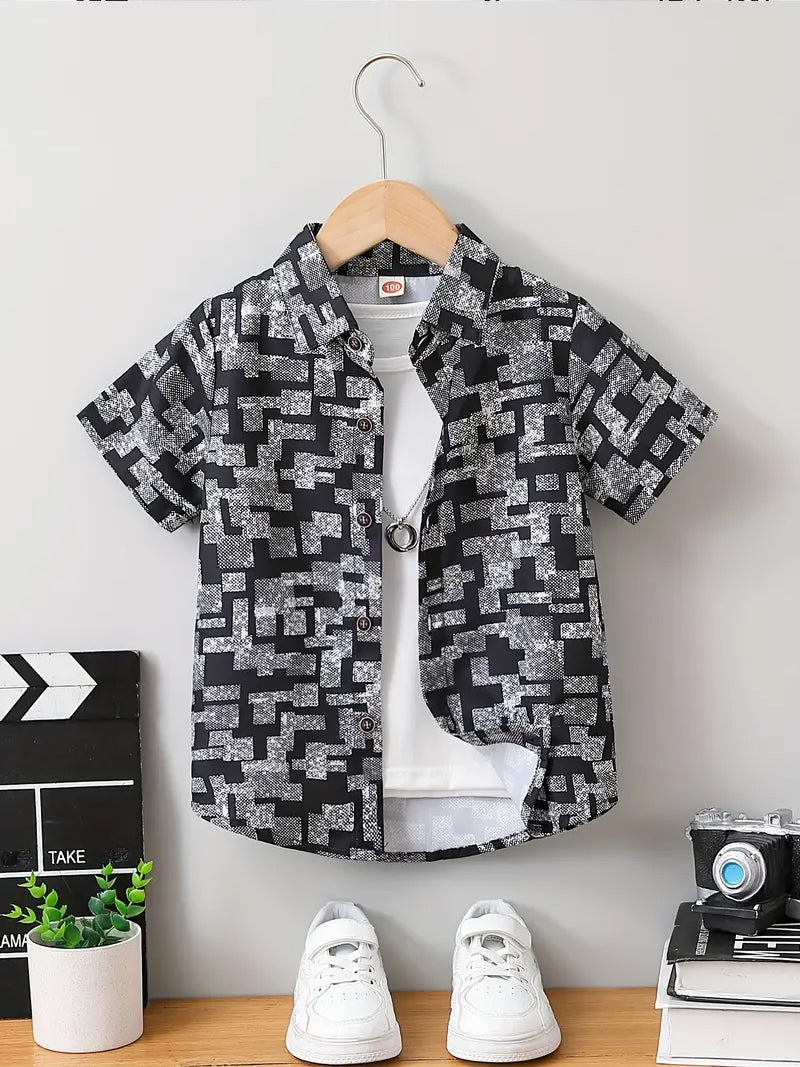 Trendy Boys Black Geometric Printed Shirt Sleeve Spread Collar Shirt – Stylish & Comfortable By Shinydots