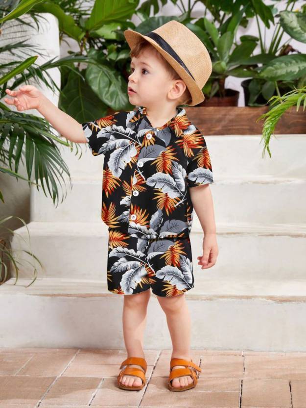 Toddler Boys' Black Tropical Print Shirt & Shorts Set – Summer Beachwear Outfit