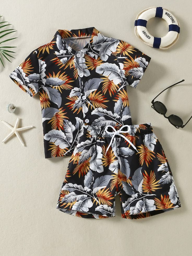 Toddler Boys' Black Tropical Print Shirt & Shorts Set – Summer Beachwear Outfit