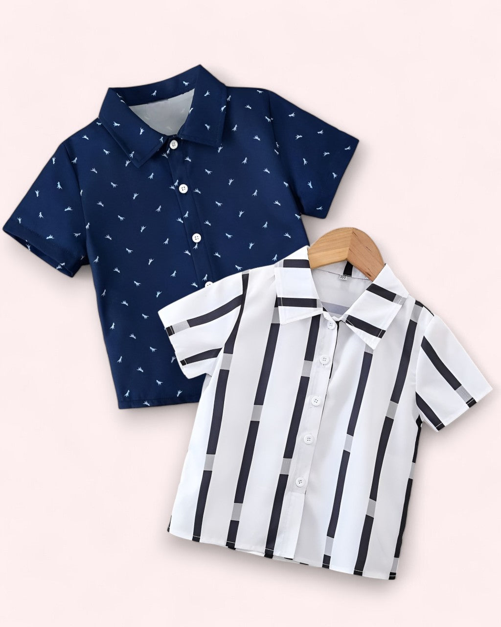 Navy Blue Dianosaur & Black Striped Short Sleeeve Boys Shirt Regular Wear Collection By Shinydots