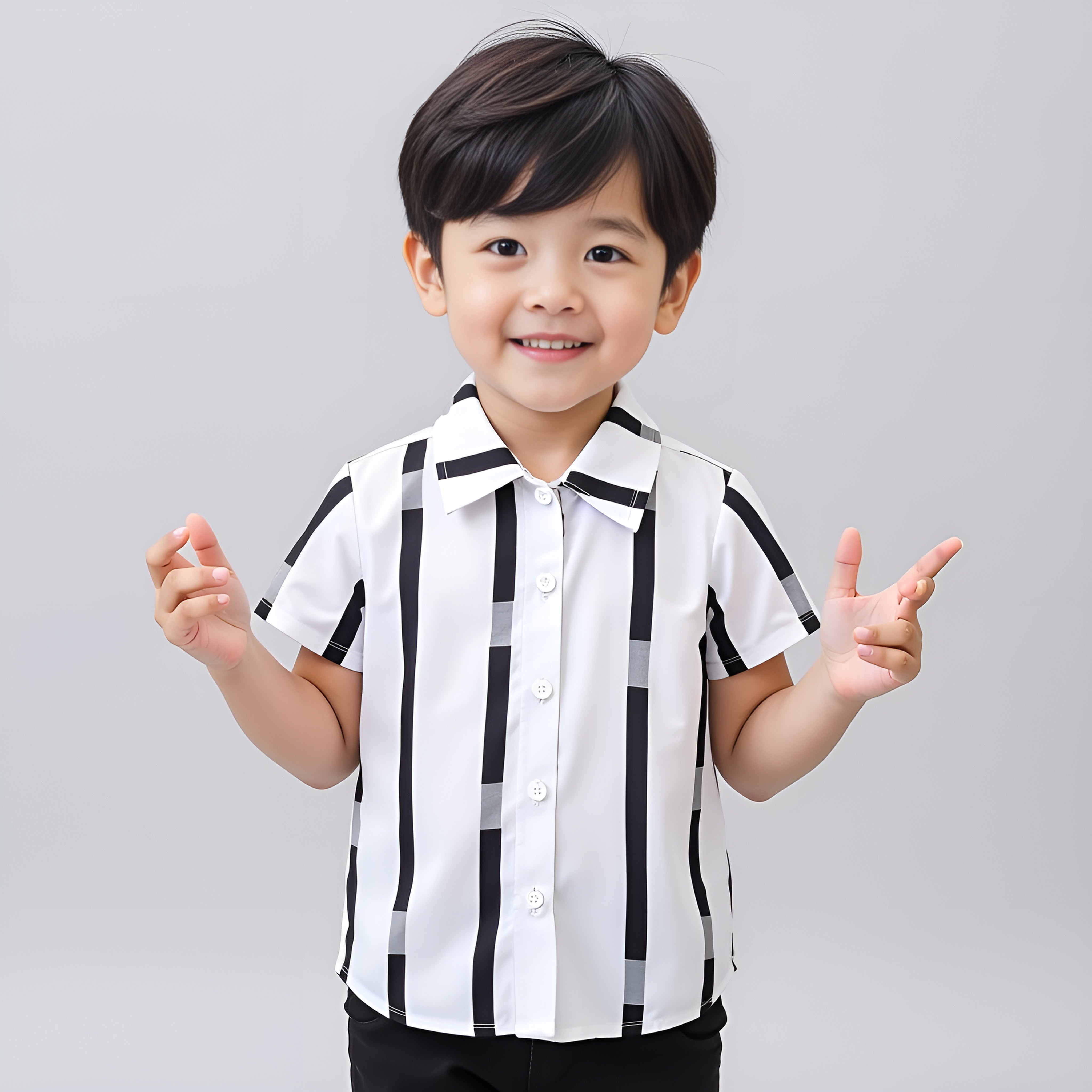 Boys' Black & White Striped Short-Sleeve Button-Down Shirt (Casual/Formal)