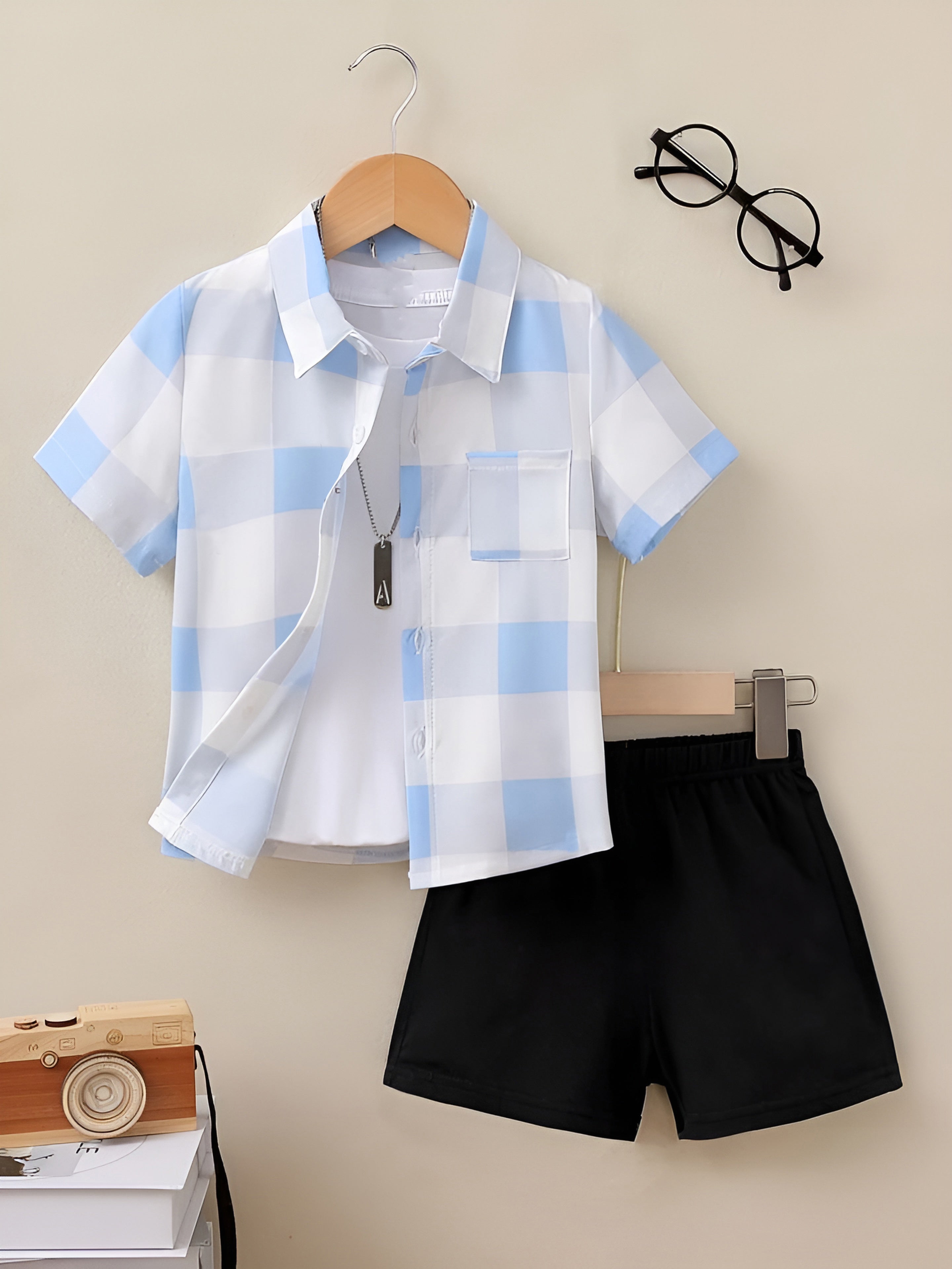 Shinydots Kids' Blue & White Checkered Shirt with Black Shorts – Stylish 2-Piece Summer Set