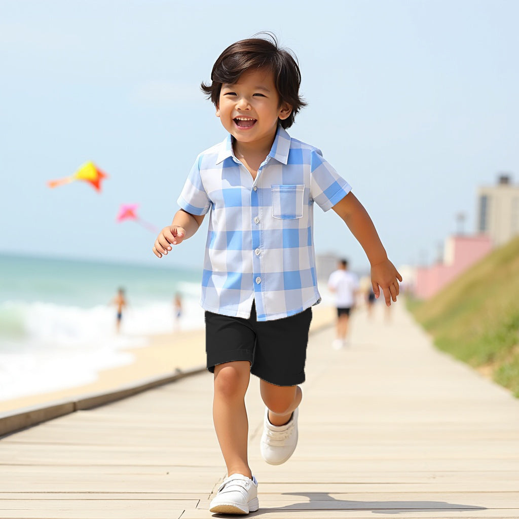 Shinydots Kids' Blue & White Checkered Shirt with Black Shorts – Stylish 2-Piece Summer Set
