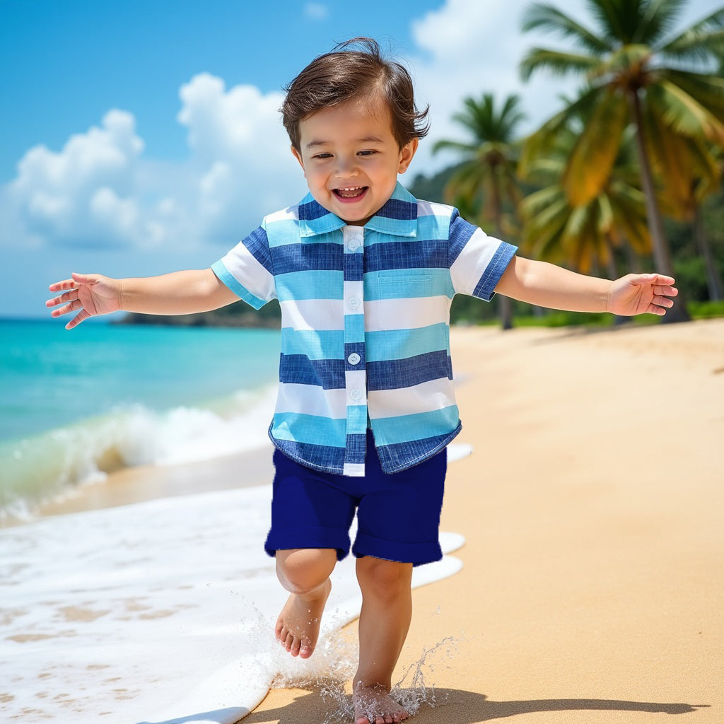 Shinydots Stylish Blue Striped Cotton Blend Shirt & Navy Shorts Set for Boys – Summer Casual Outfit