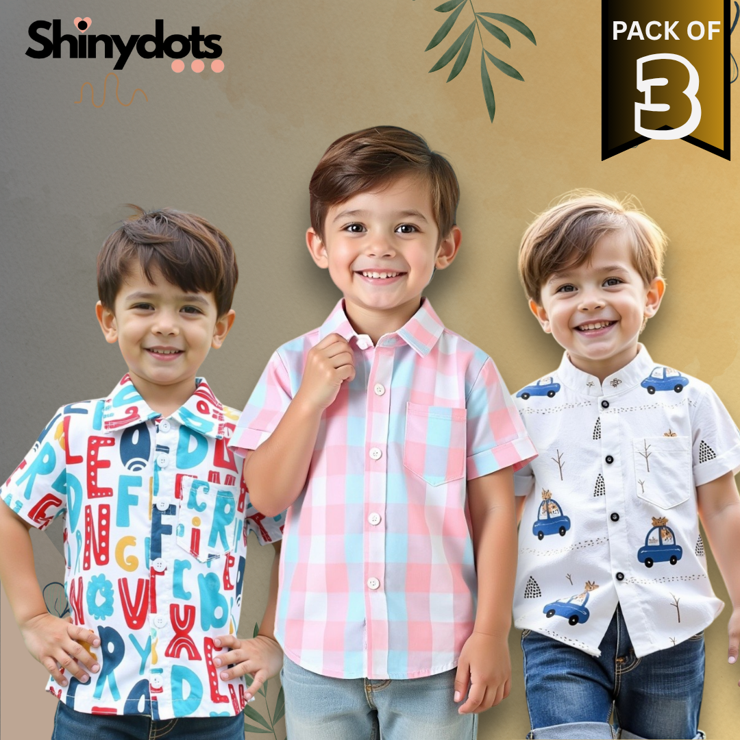 Pack of 3 Boys' Printed & Checked Shirts Combo– Fun, Fresh & Stylish | Shinydots