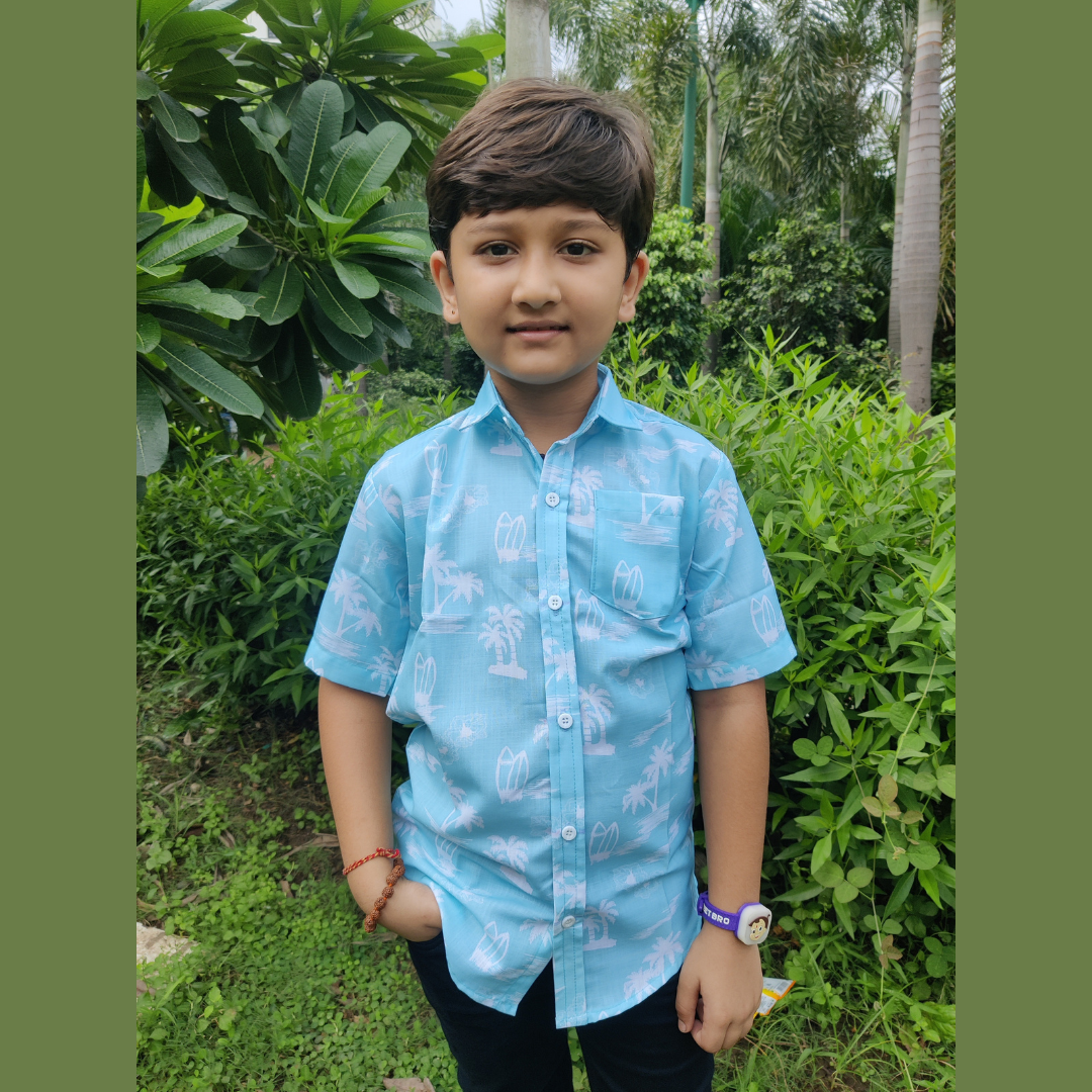 Kids Boy Sky Blue Cotton Blend Palm Tree Printed Shirt For Regular Wear