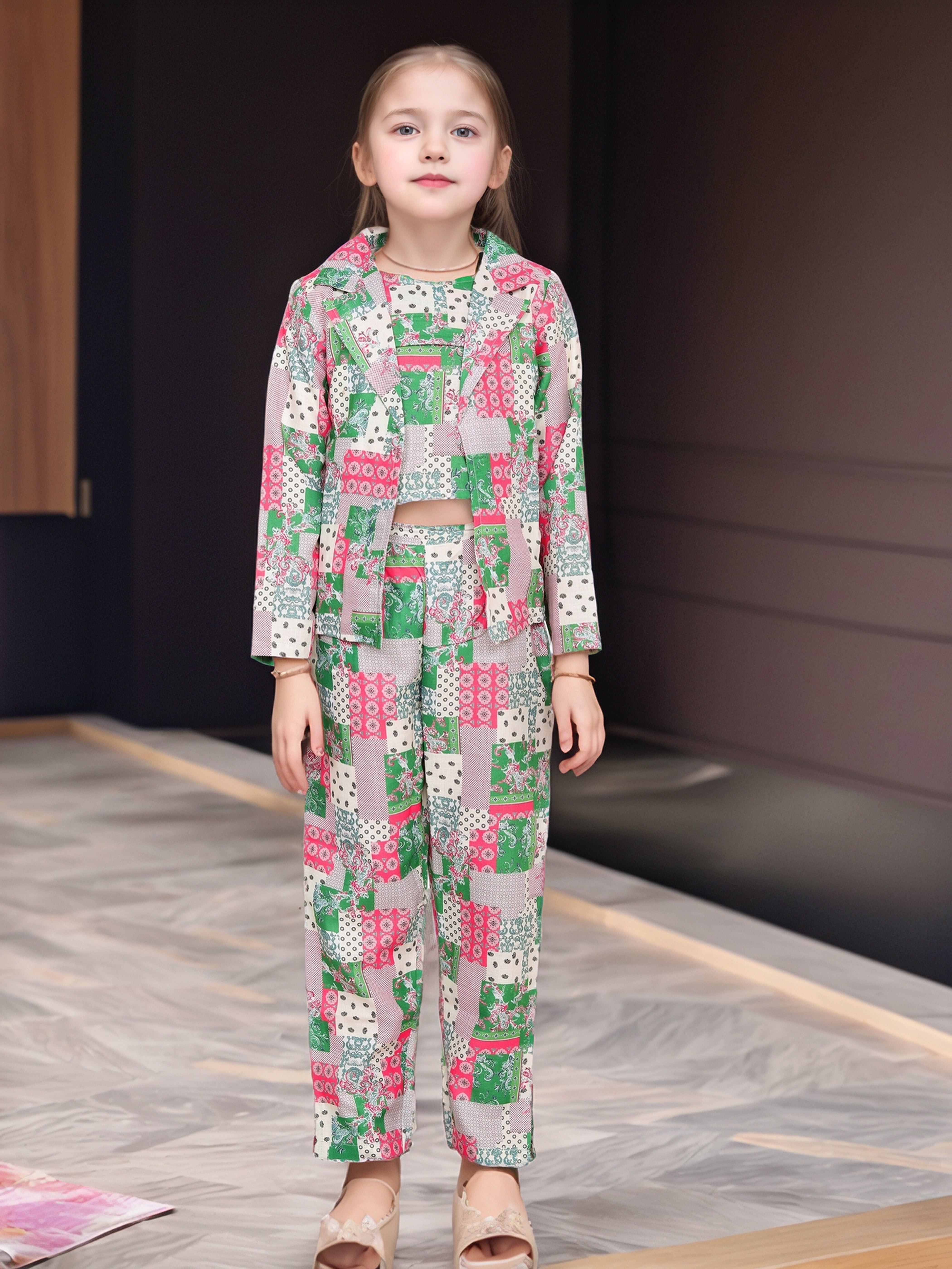 Girls' Trendy Patchwork Print 3-Piece Co-Ord Set – Jacket, Crop Top & Pants Shinydots