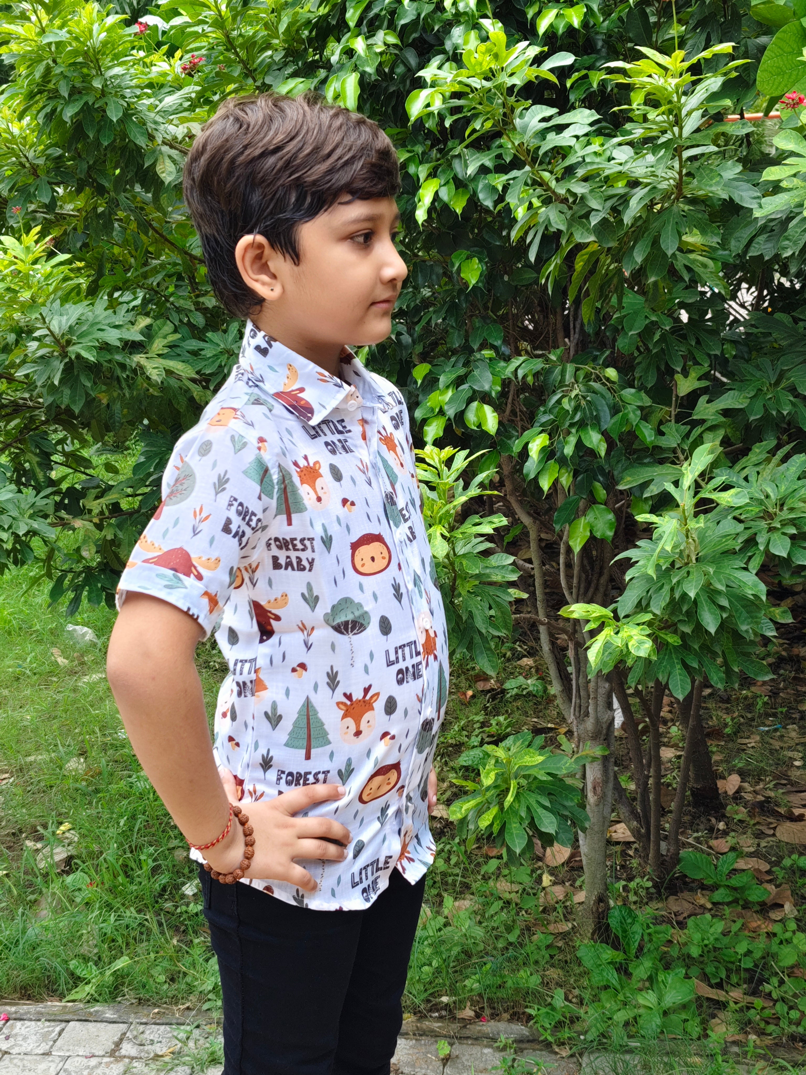 Forest Baby Animal Printed White Half Sleeve Shirt For Kids Boys