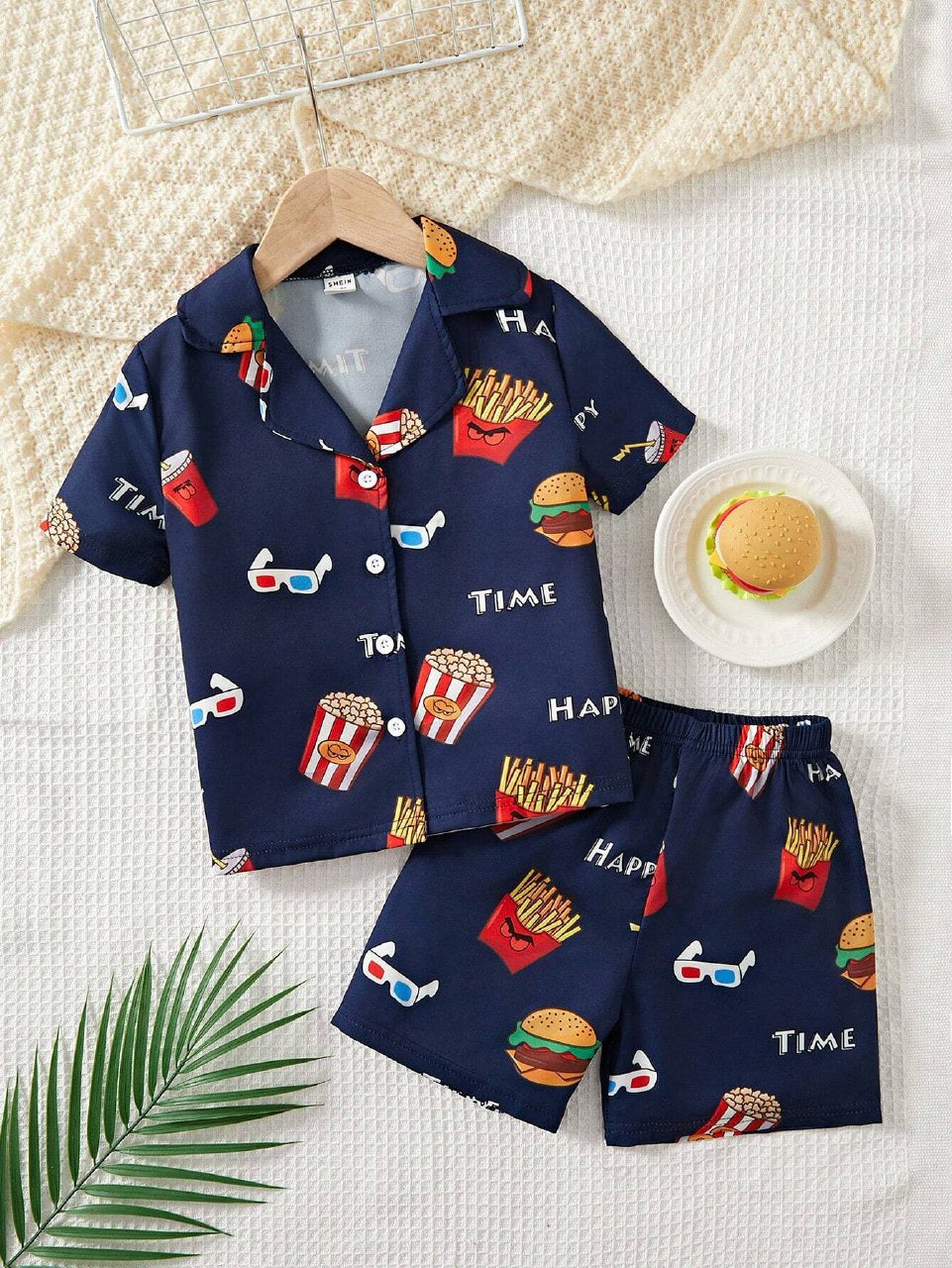Trendy Baby Boys Navy Blue Fast Food Cinema Graphic Print Co-ord Set – Shirt & Shorts | Stylish Kids Outfit