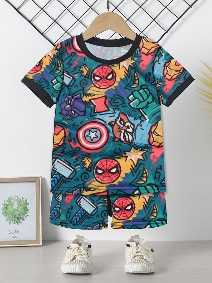 Trendy Superhero Printed Kids T-Shirt & Shorts 2-Piece Set – Comfortable & Stylish
