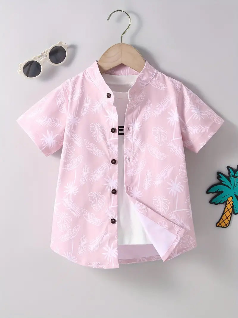Shinydots Pink Short-Sleeve Shirt with Coconut Tree and Leaf Graphic