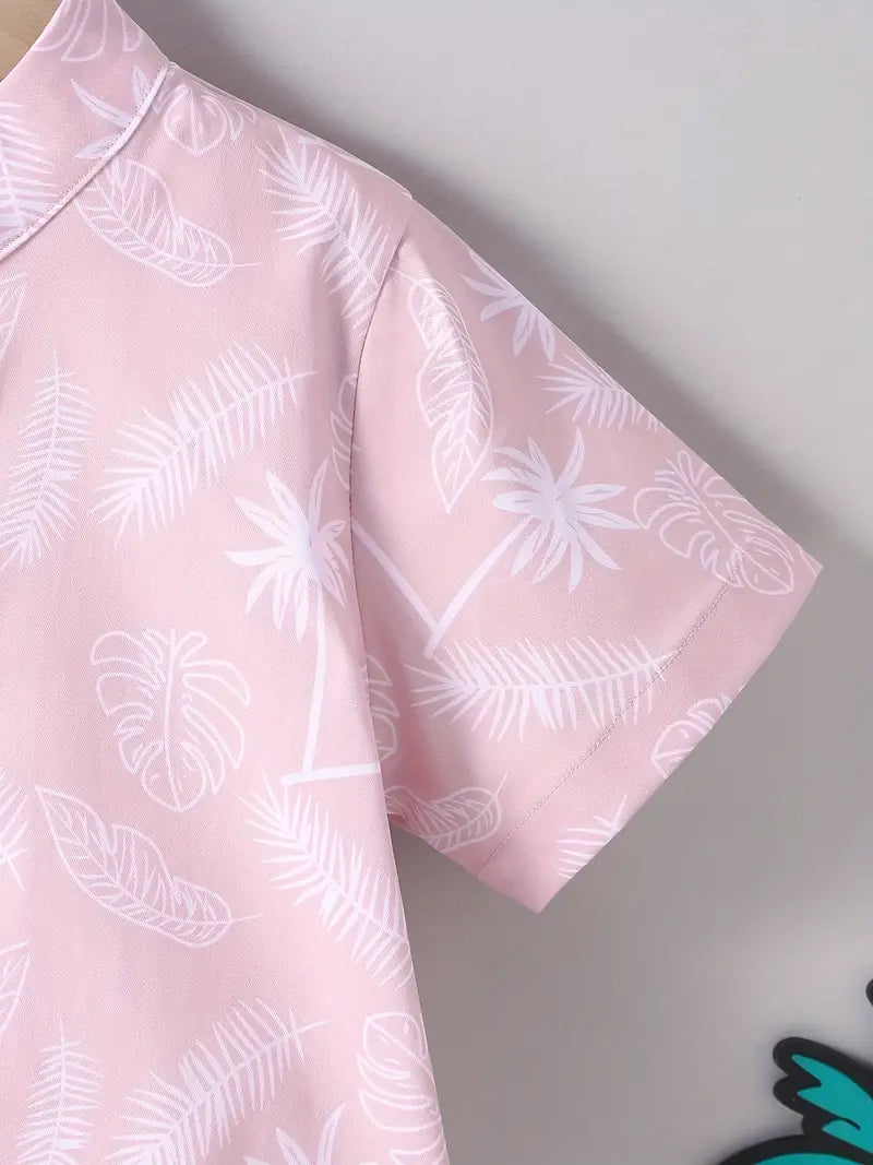 Shinydots Pink Short-Sleeve Shirt with Coconut Tree and Leaf Graphic