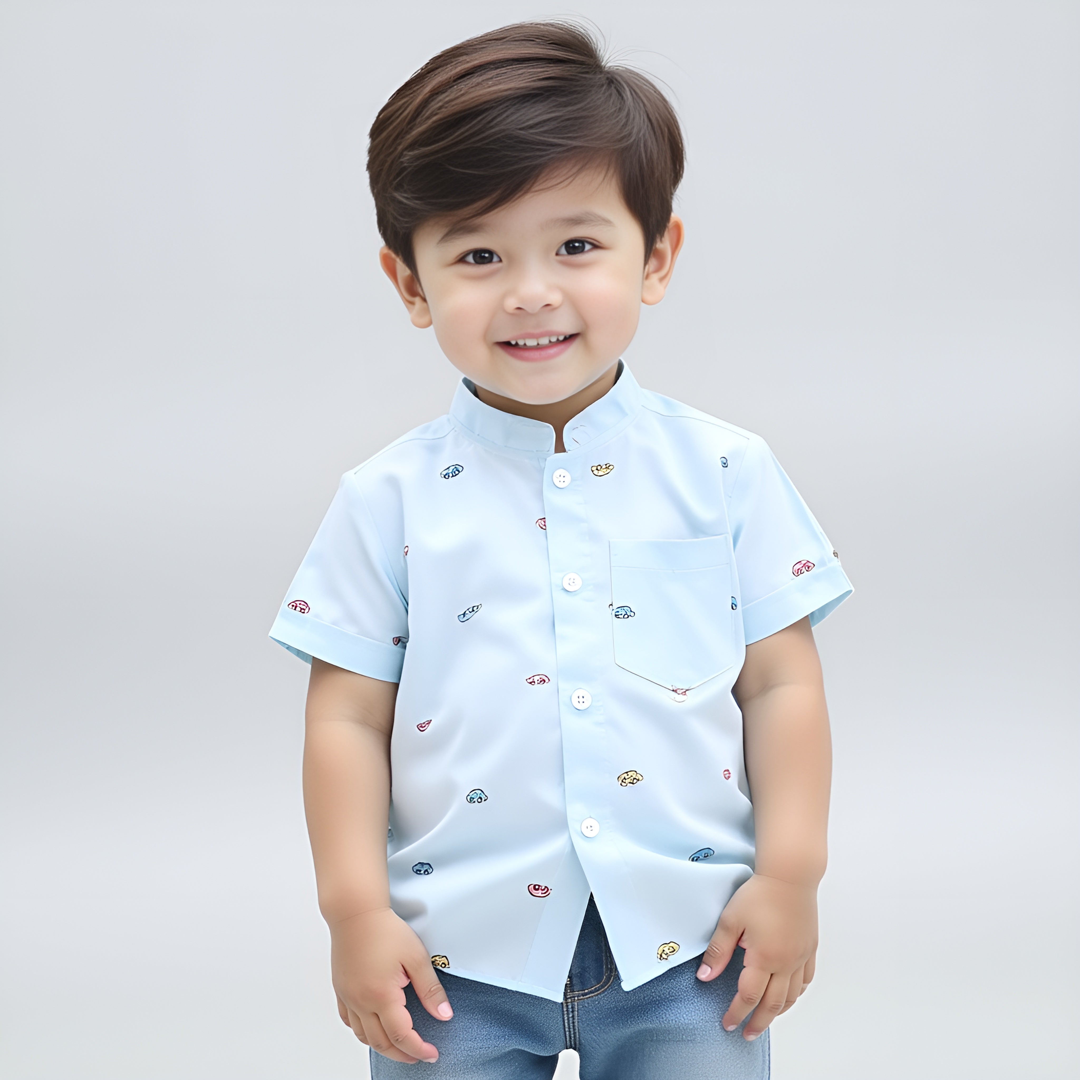 Shinydots Kids Boys Motor Car Print Sky Blue Short Sleeve Mandrian Collar Shirt