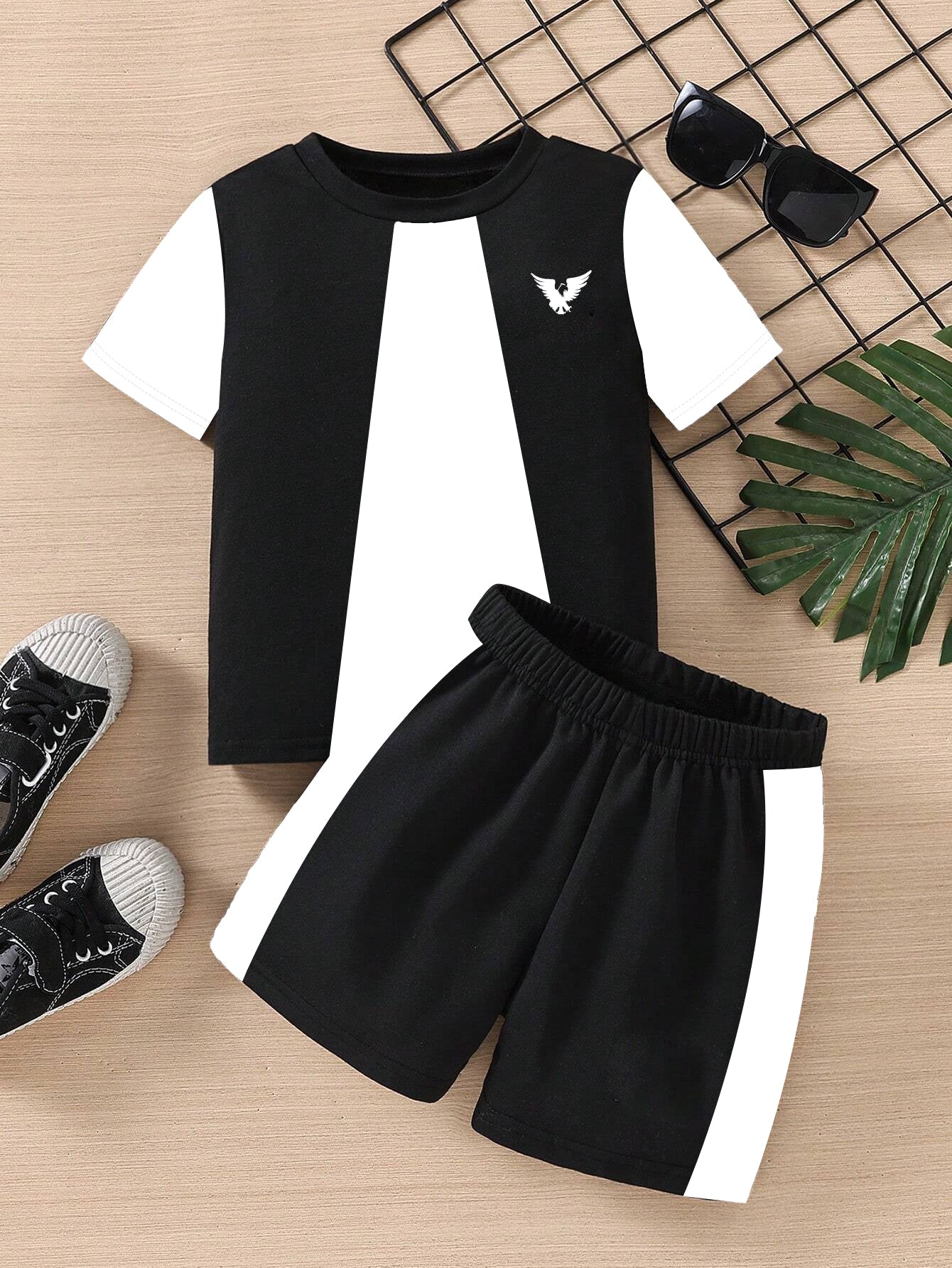 Black & White Cotton Boys Summer Outfit Clothing Set T-shirt and Short -Shinydots