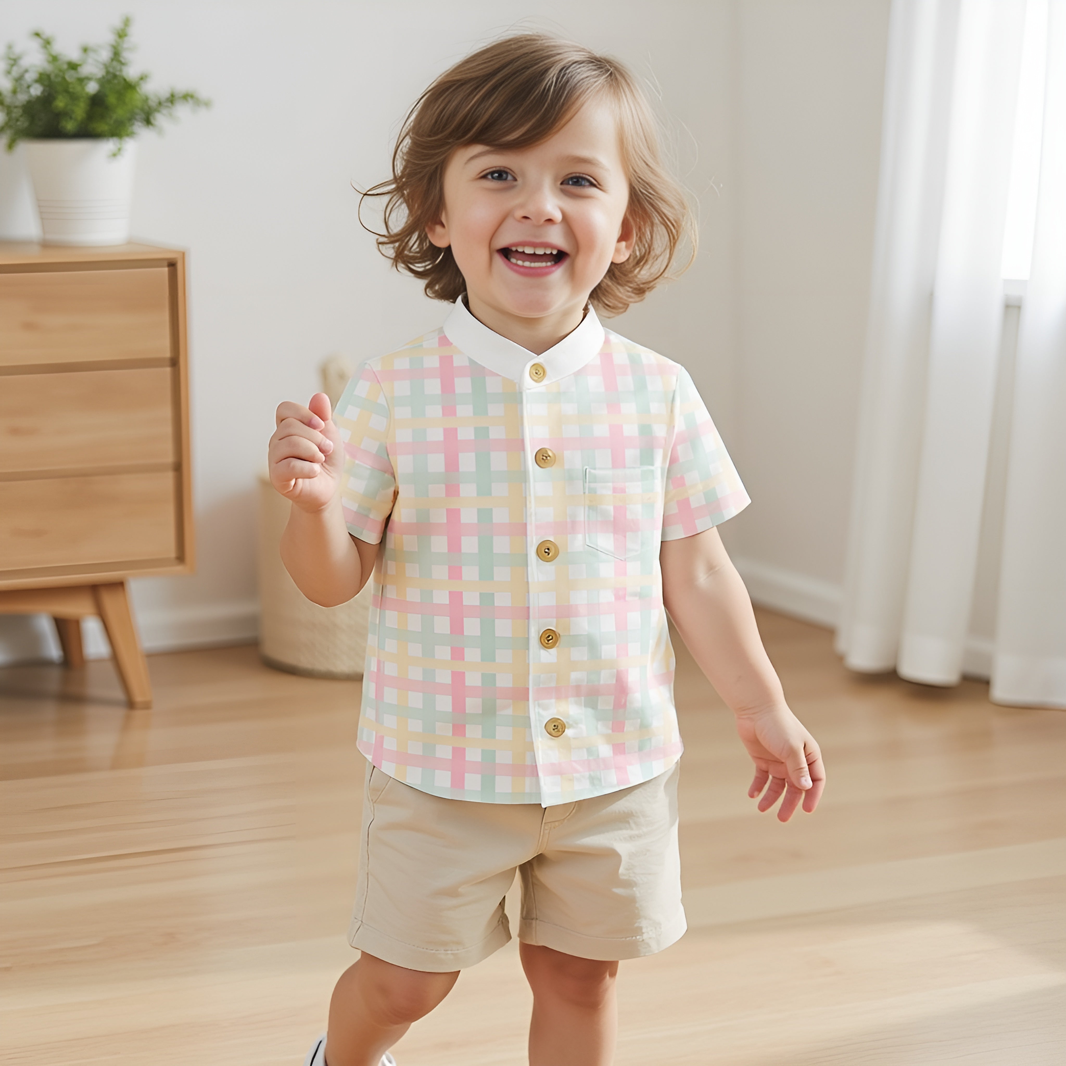 Shinydots Baby Boy Pastel Checkered Mandarin Collar Short-Sleeve Shirt-Only Shirt