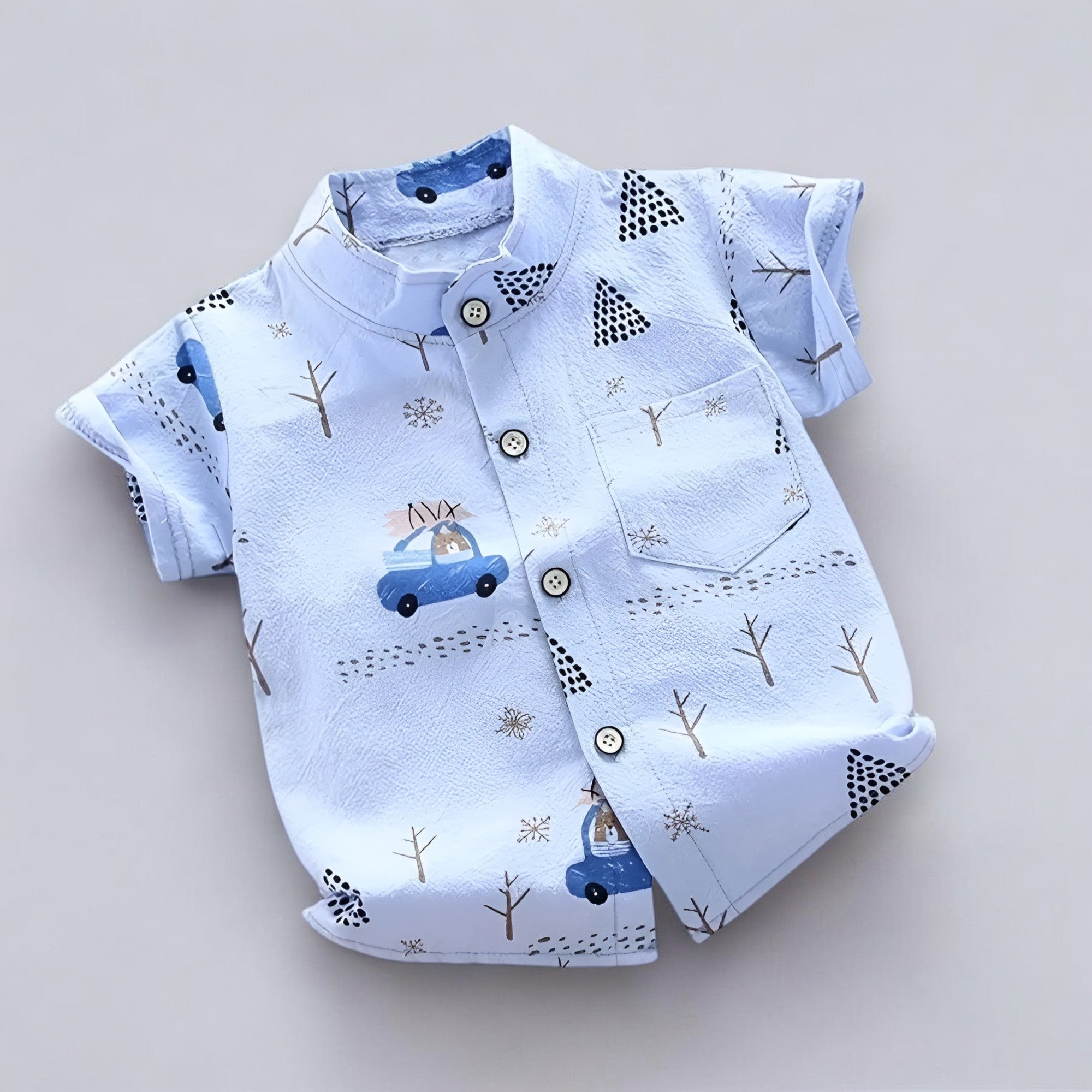 Shinydots Baby Boys Light Blue Tree and Car Print Mandarin Collar Short Sleeve Shirt
