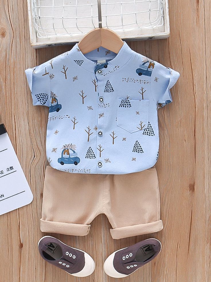 Shinydots Trendy Skyblue Kids' Car Print Shirt & Beige Short 2-Piece Set – Stylish Summer Outfit