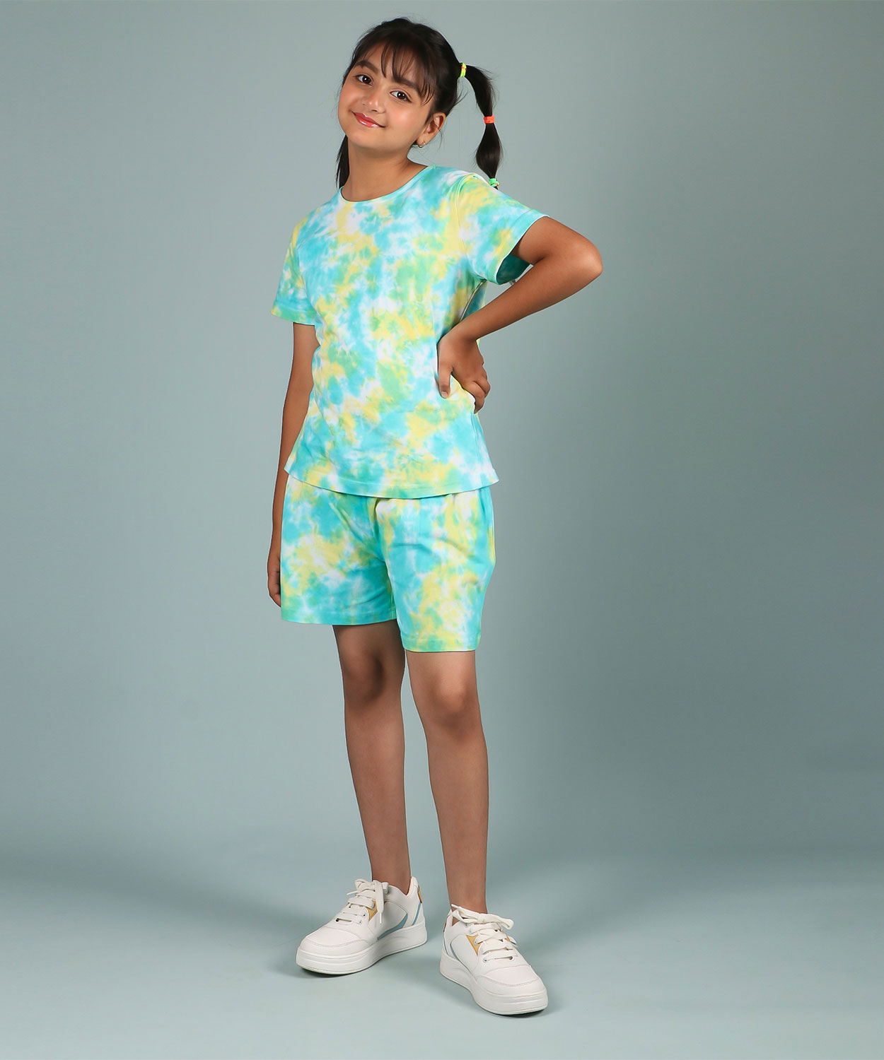 Girls' Tie-Dye Cotton Co-Ord Set - Sky Blue & Yellow