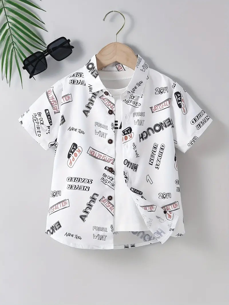 Boys White Latter Graphic Print Kids Short Sleeve Shirt-Casual Boy Shirt By Shinydots