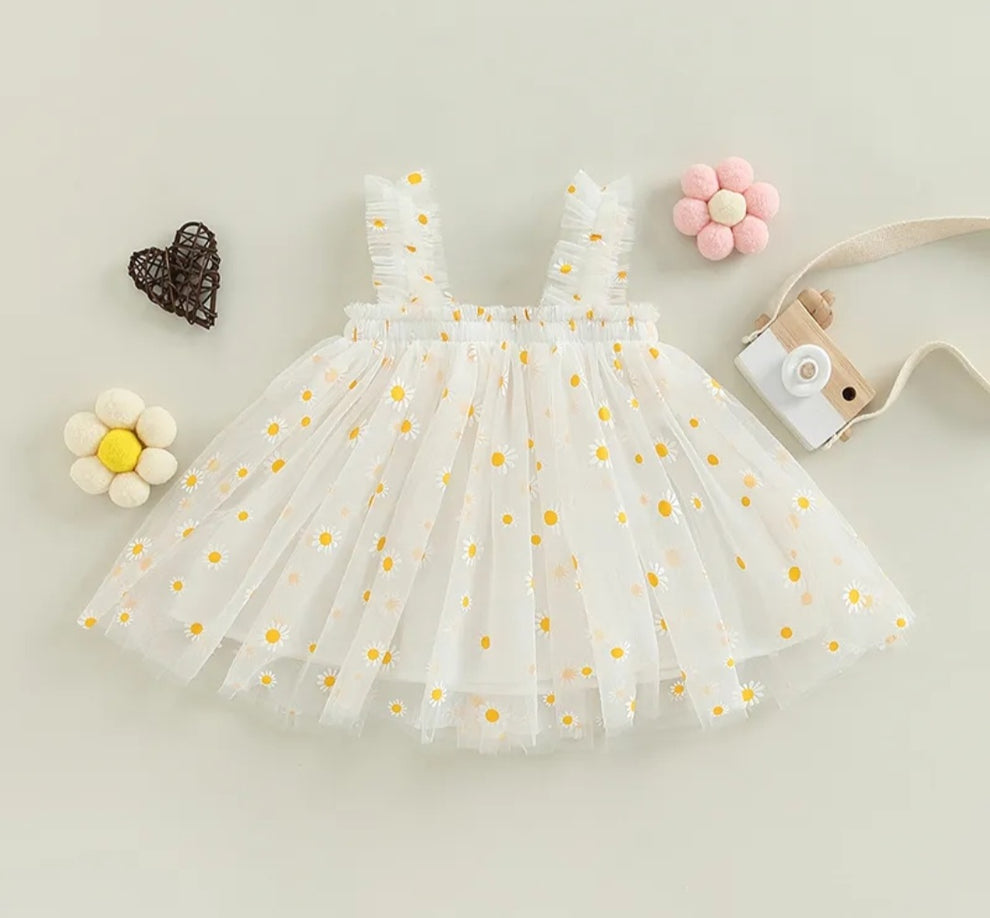 Adorable White Daisy Floral Print Sleevless Party Dress for Girls – Summer Party Dress Shinydots