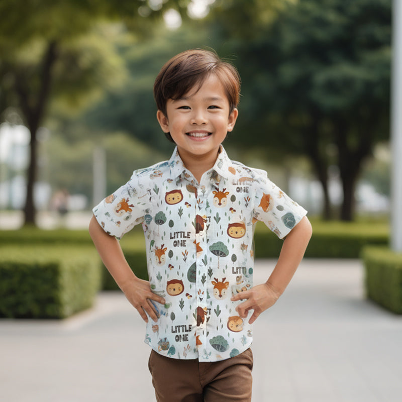 Forest Baby Animal Printed White Half Sleeve Shirt For Kids Boys