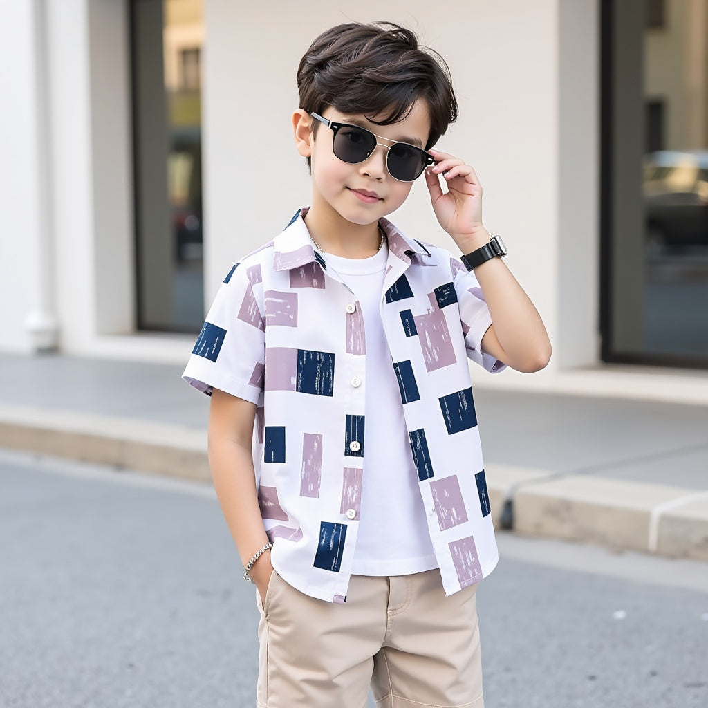 Trendy Geomatric Print Kids' Boys Short Sleeve Shirt-Comfy & Casual Wear By Shinydots