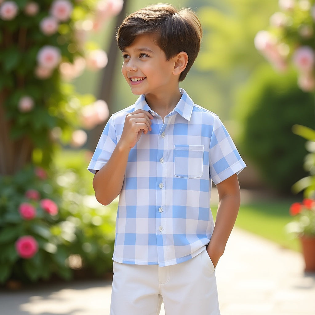 Shinydots Cotton Skyblue Checkered Short Sleeve Shirt For Boys and Baby Boys