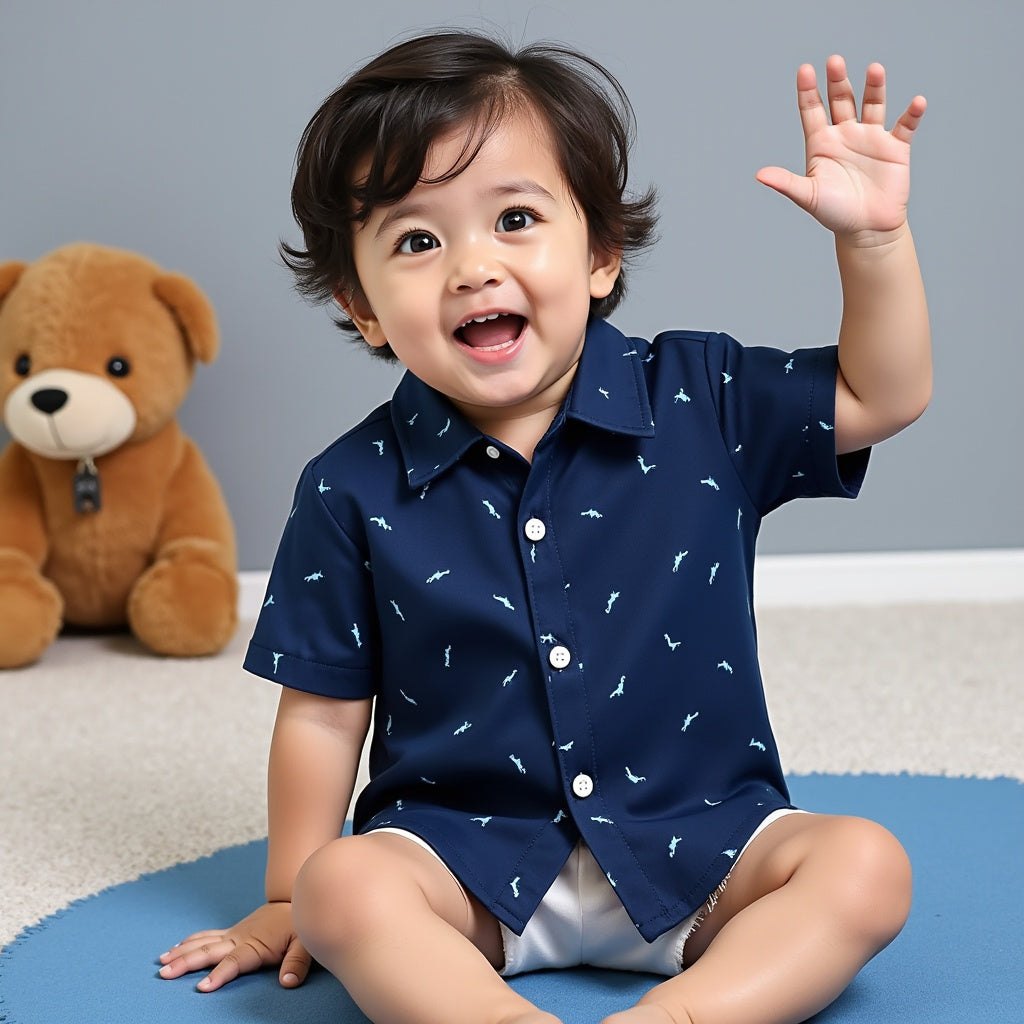 Navy Blue Kids' Short-Sleeve Dianosaur Printed Shirt - Stylish & Comfortable