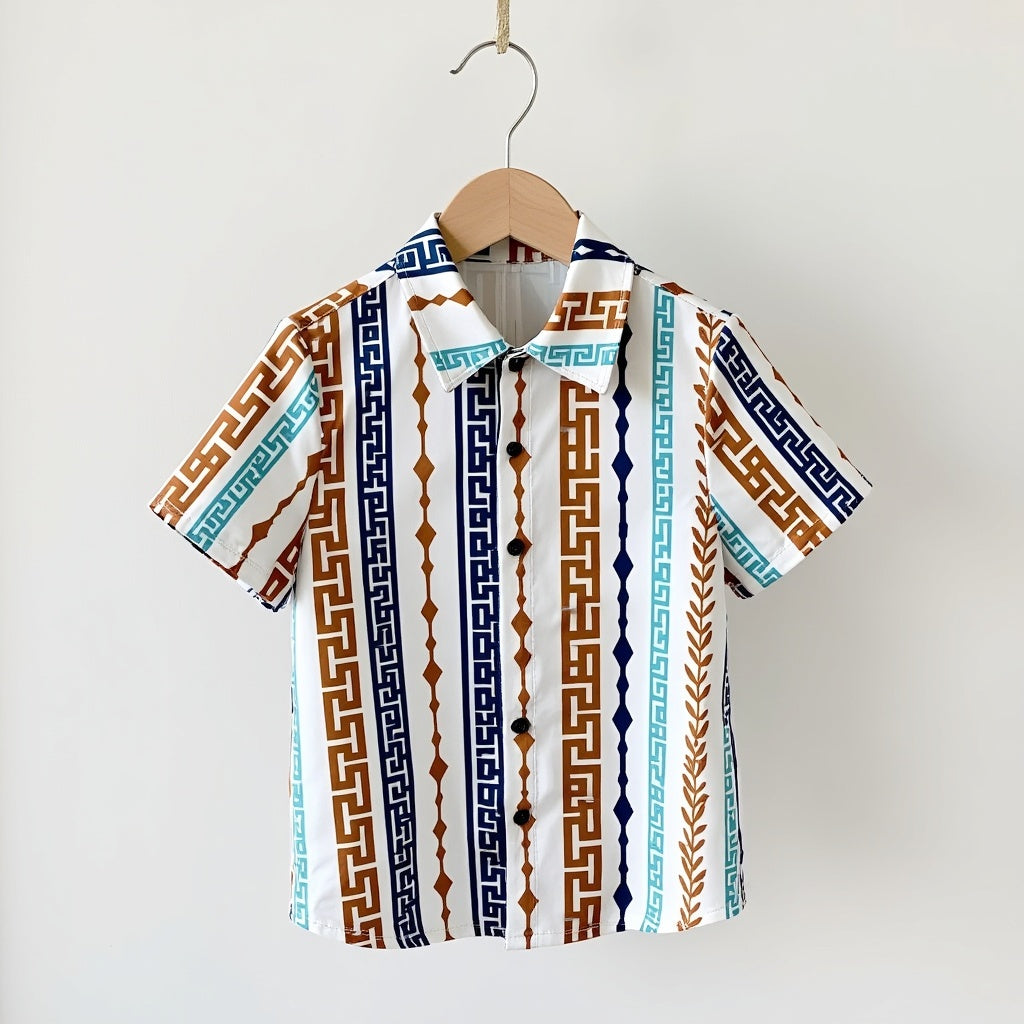 Trendy Geometric Striped Print Boys' Short Sleeve Shirt – Vibrant Blue & Orange