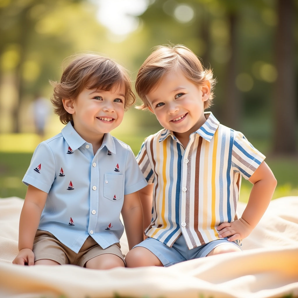 Baby Boys Pack of 2 Stylish Printed Short Sleeve Shirts - Sailboat & Striped Designs for Trendy Outfits By Shinydots