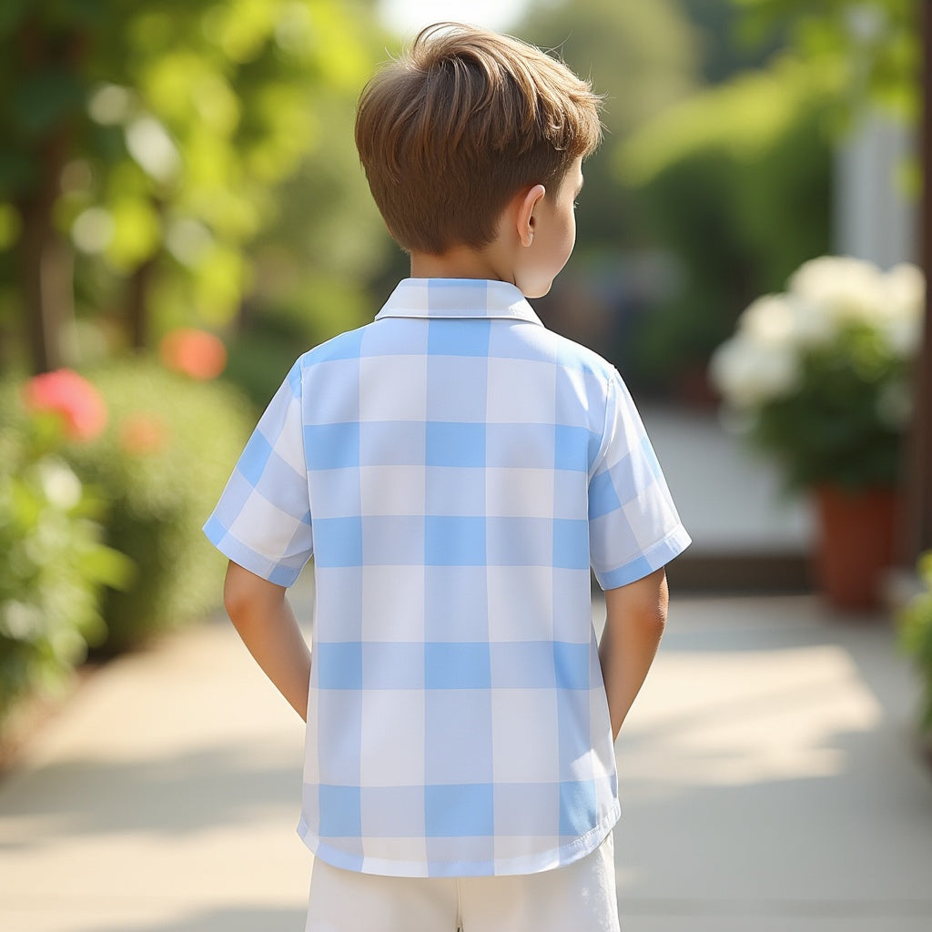 Shinydots Cotton Skyblue Checkered Short Sleeve Shirt For Boys and Baby Boys