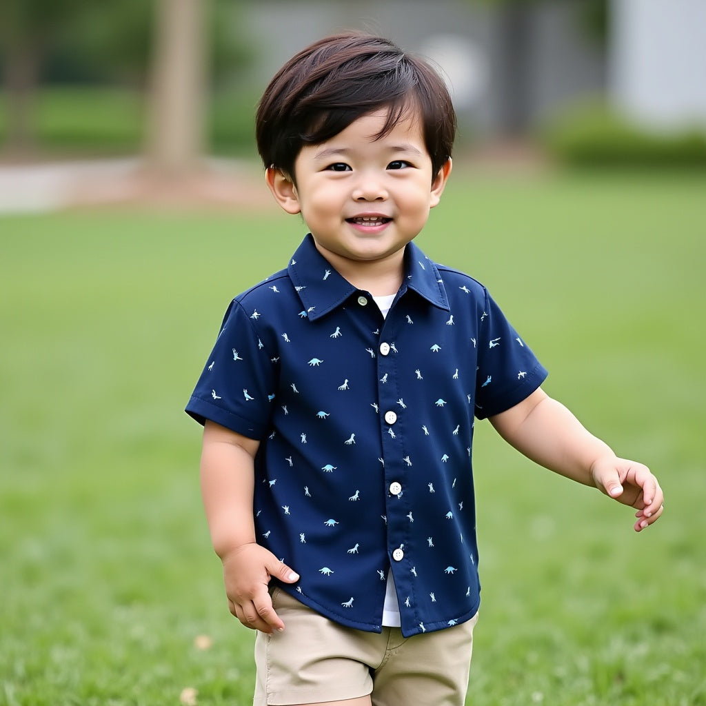 Navy Blue Kids' Short-Sleeve Dianosaur Printed Shirt - Stylish & Comfortable