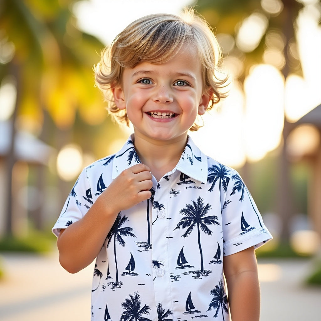 Tropical Palm Tree & Sailboat Print Kids' Shirt - Trendy Summer Wear for Boys | Shinydots