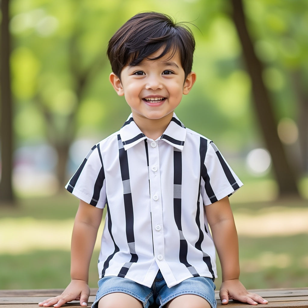 Boys' Black & White Striped Short-Sleeve Button-Down Shirt (Casual/Formal)