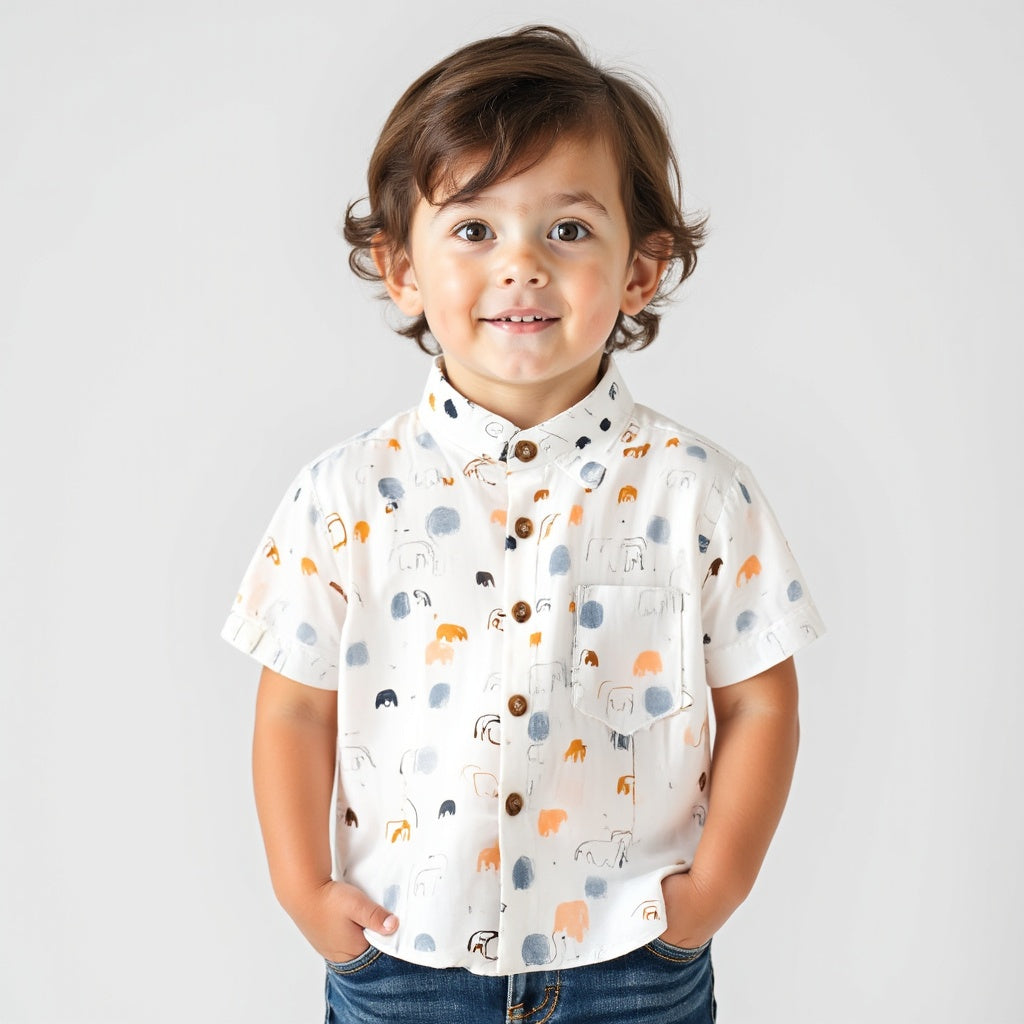 Shinydots Adorable Elephant Graphic Print Mandarin Collar Kids Chest Pocket Short Sleeve Shirt – Soft & Stylish | Skyblue & Off White